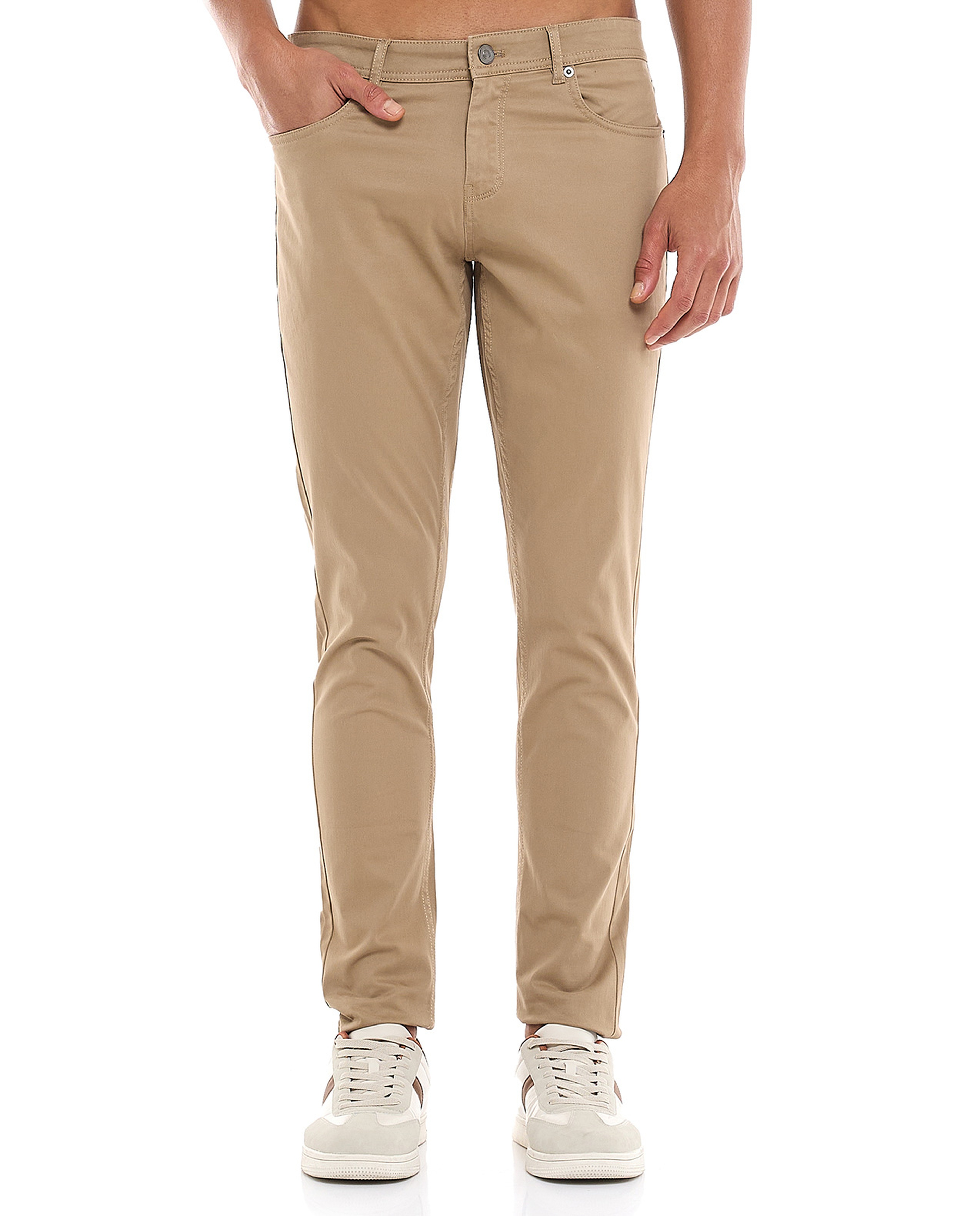 Solid Slim Fit Pants with Button Closure