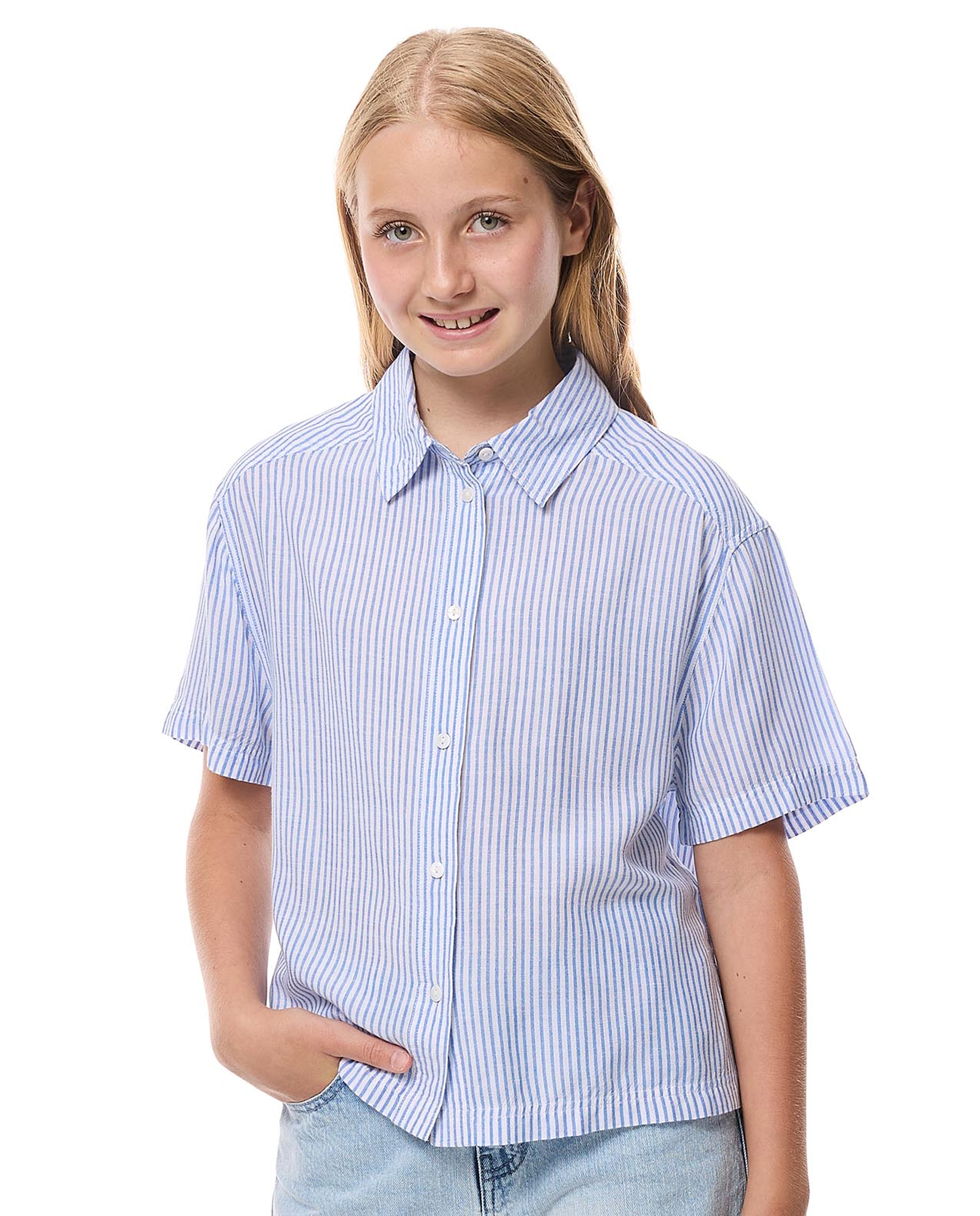 Striped Shirt with Classic Collar and Short Sleeves