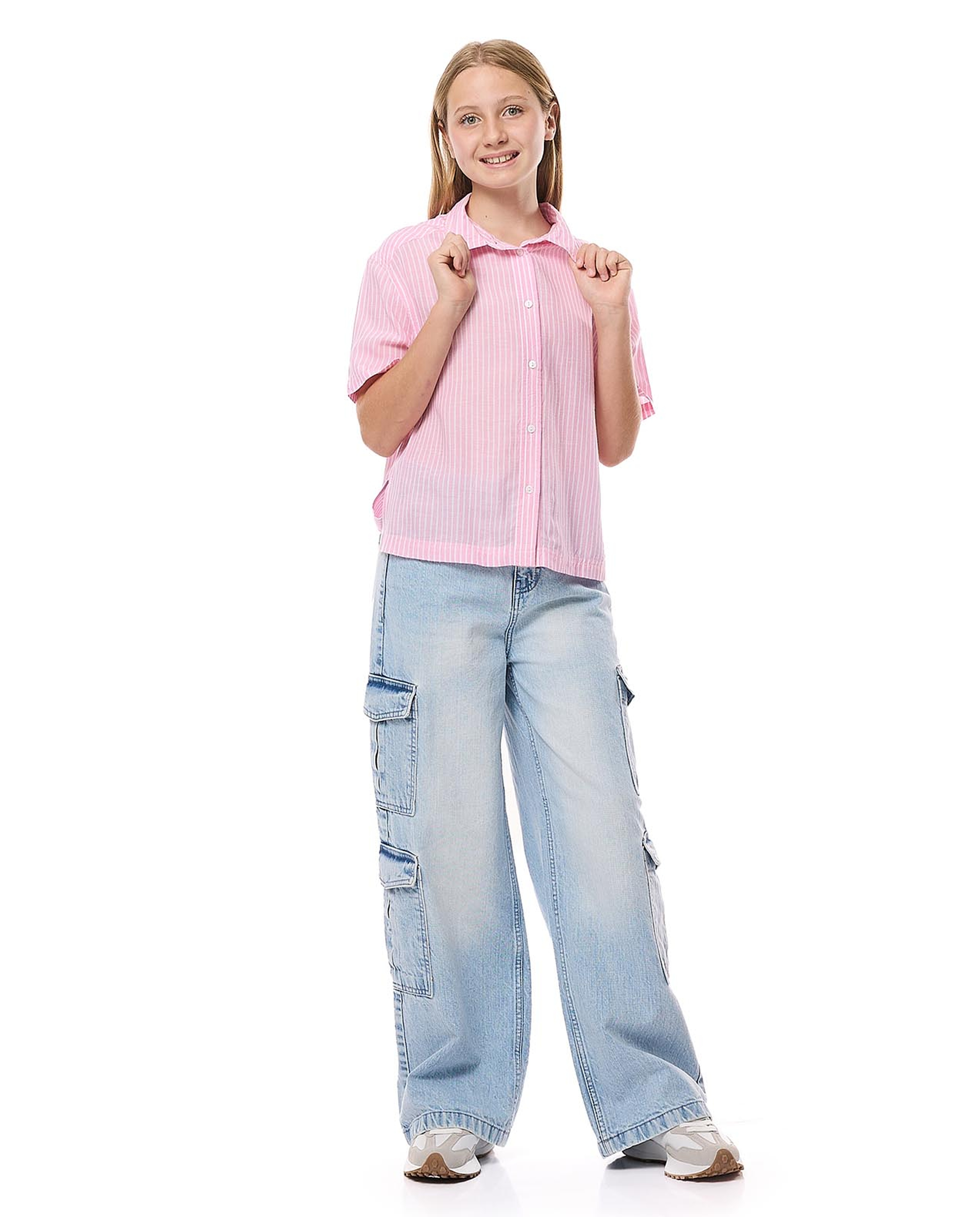 Striped Shirt with Classic Collar and Short Sleeves