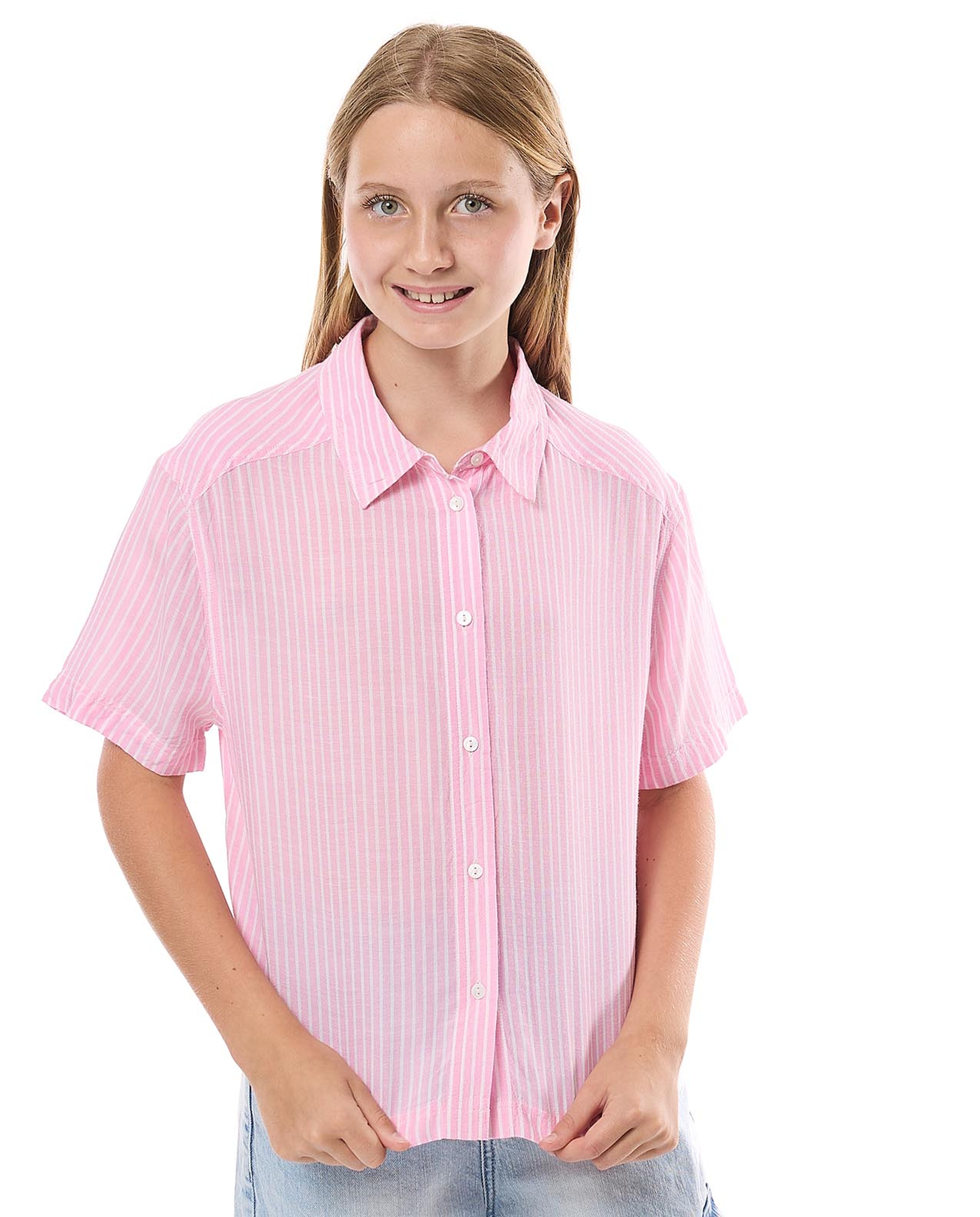 Striped Shirt with Classic Collar and Short Sleeves