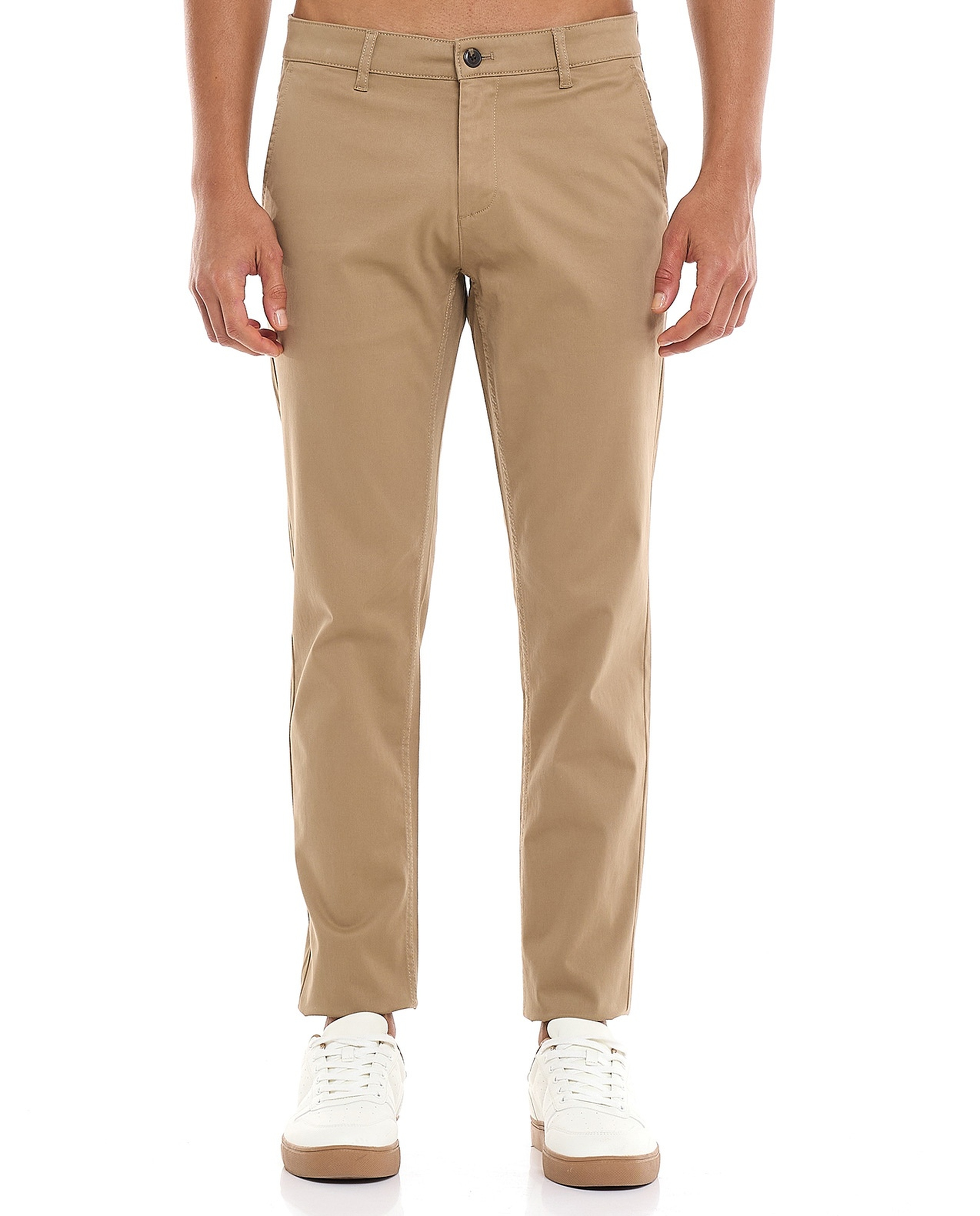 Solid Slim Fit Pants with Button Closure