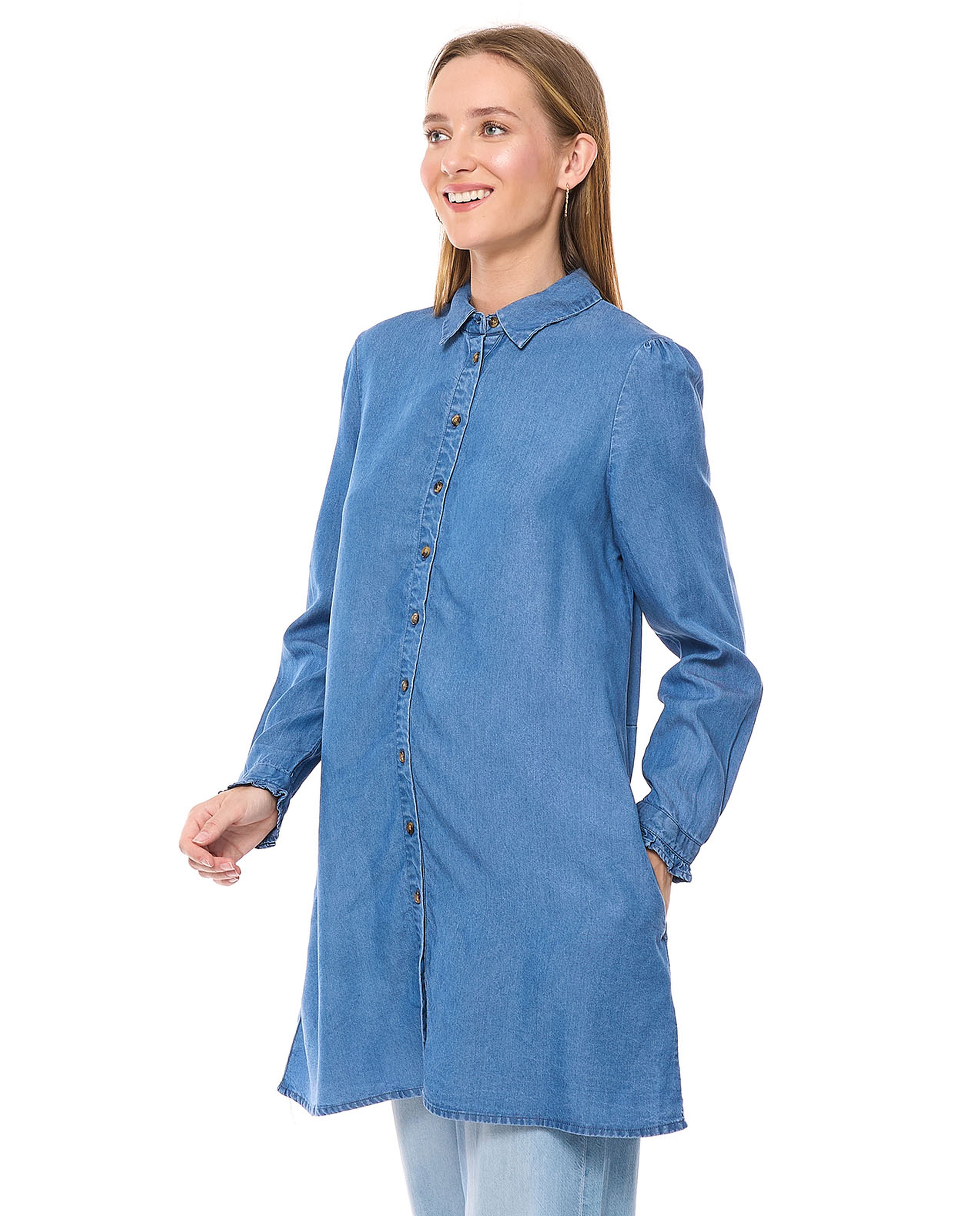Washed Denim Tunic with Classic Collar and Long Sleeves