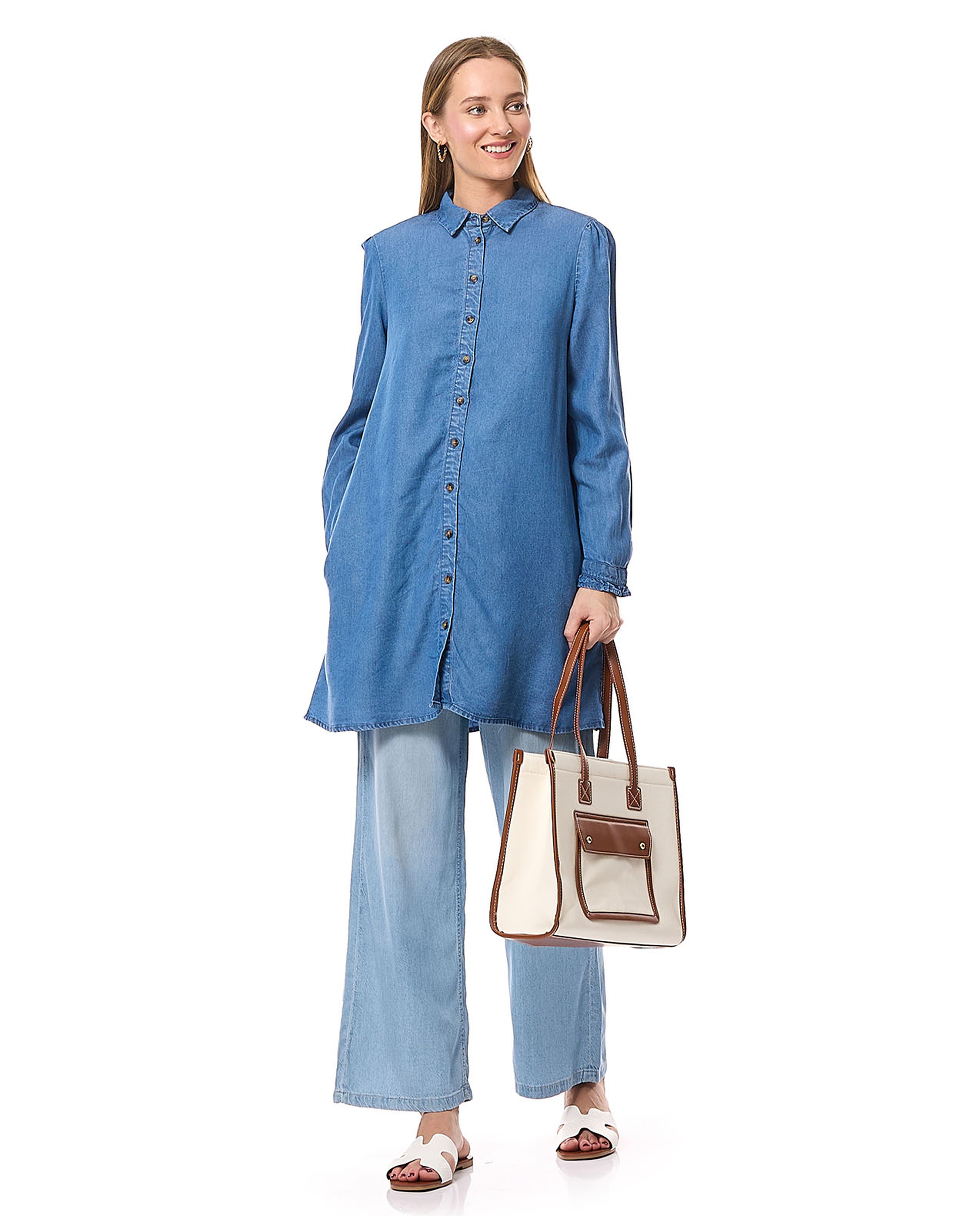 Washed Denim Tunic with Classic Collar and Long Sleeves
