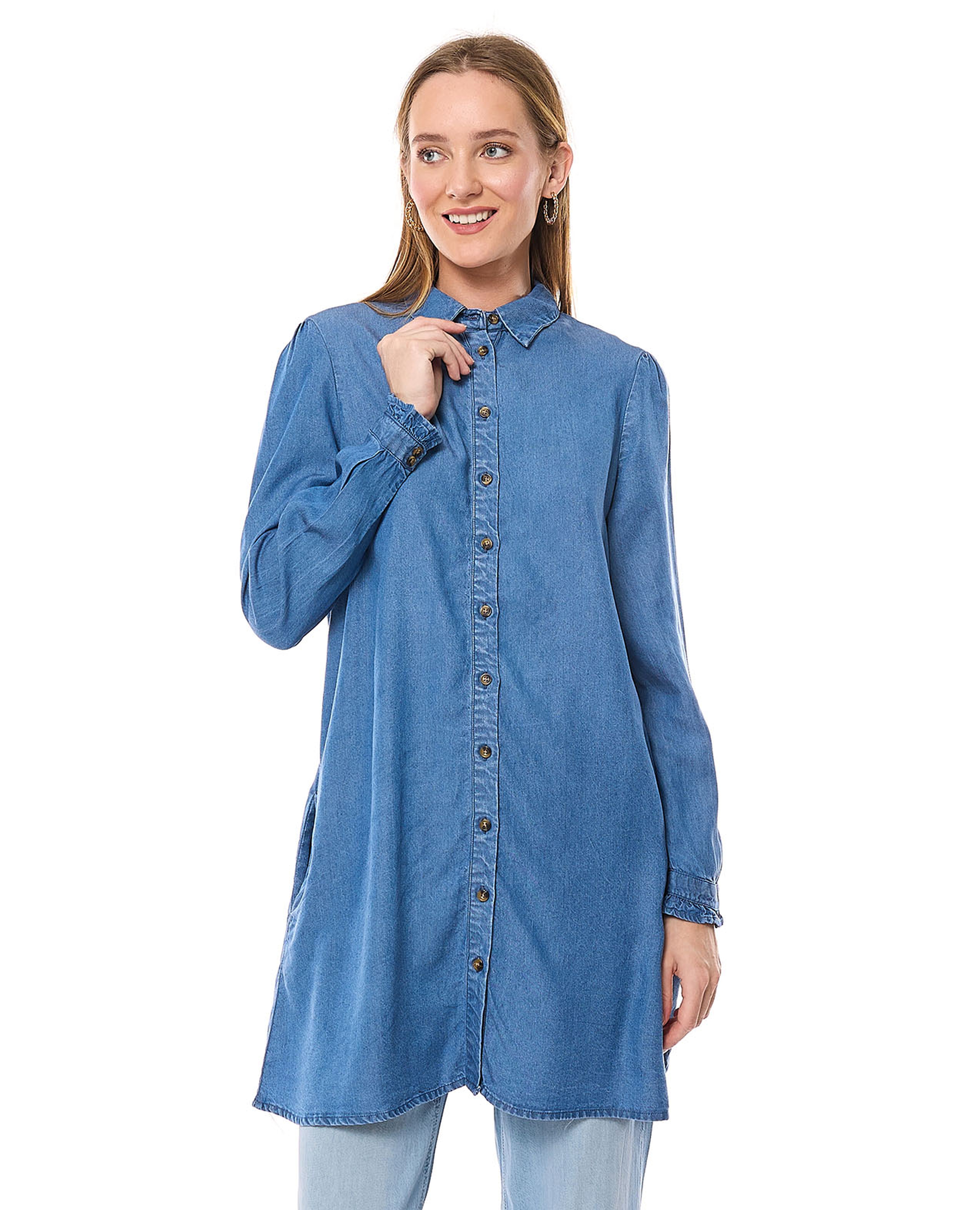 Washed Denim Tunic with Classic Collar and Long Sleeves
