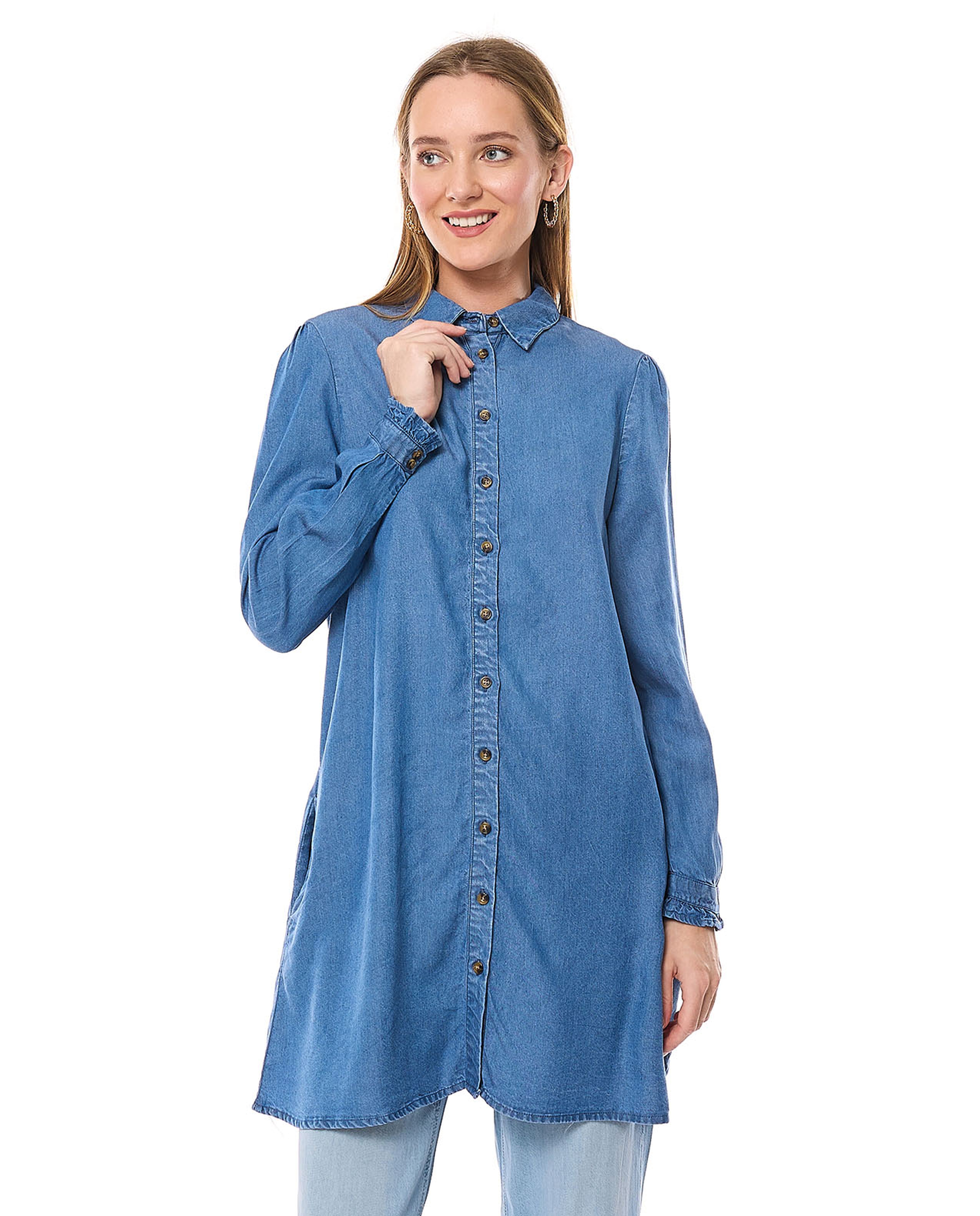Washed Denim Tunic with Classic Collar and Long Sleeves