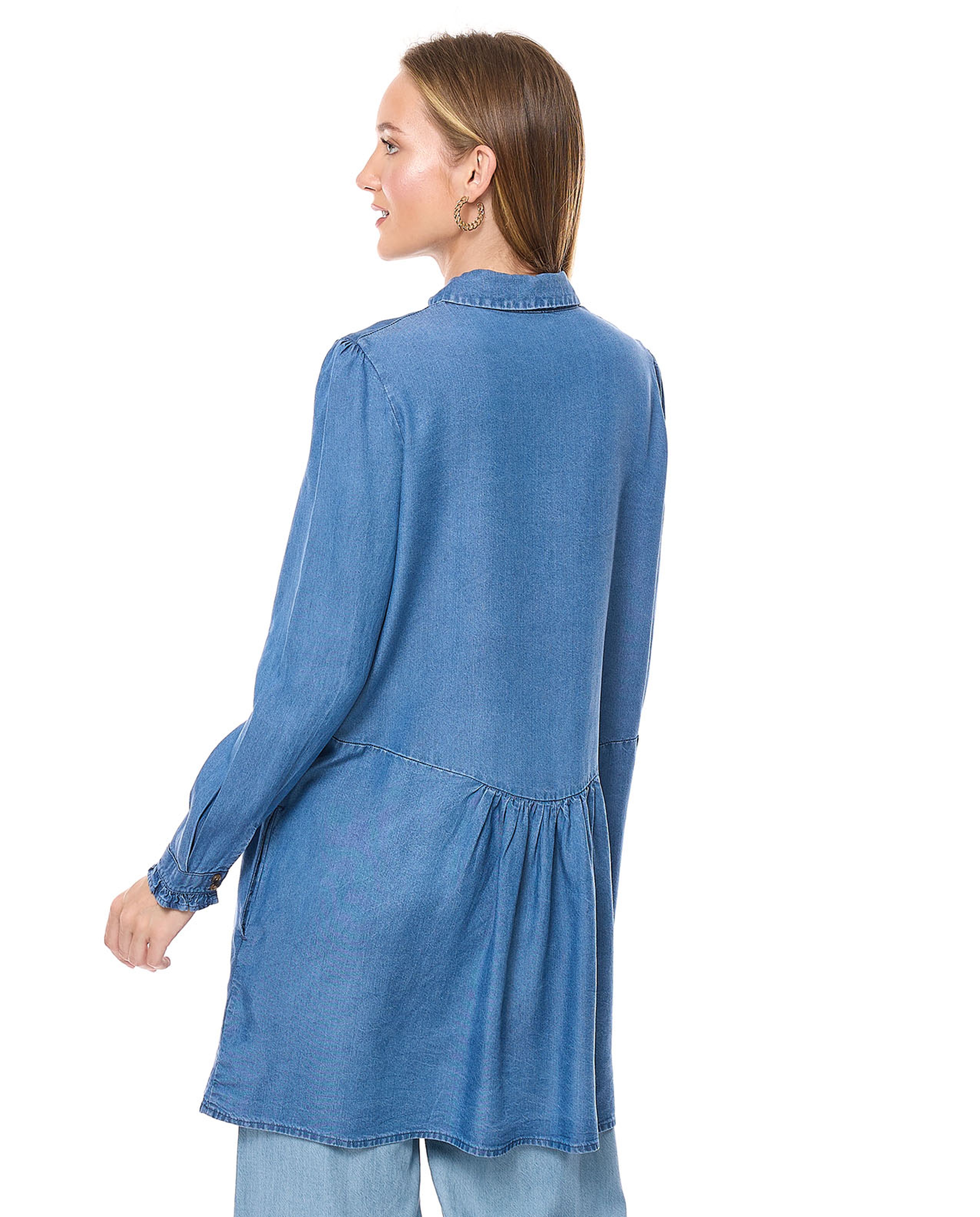 Washed Denim Tunic with Classic Collar and Long Sleeves