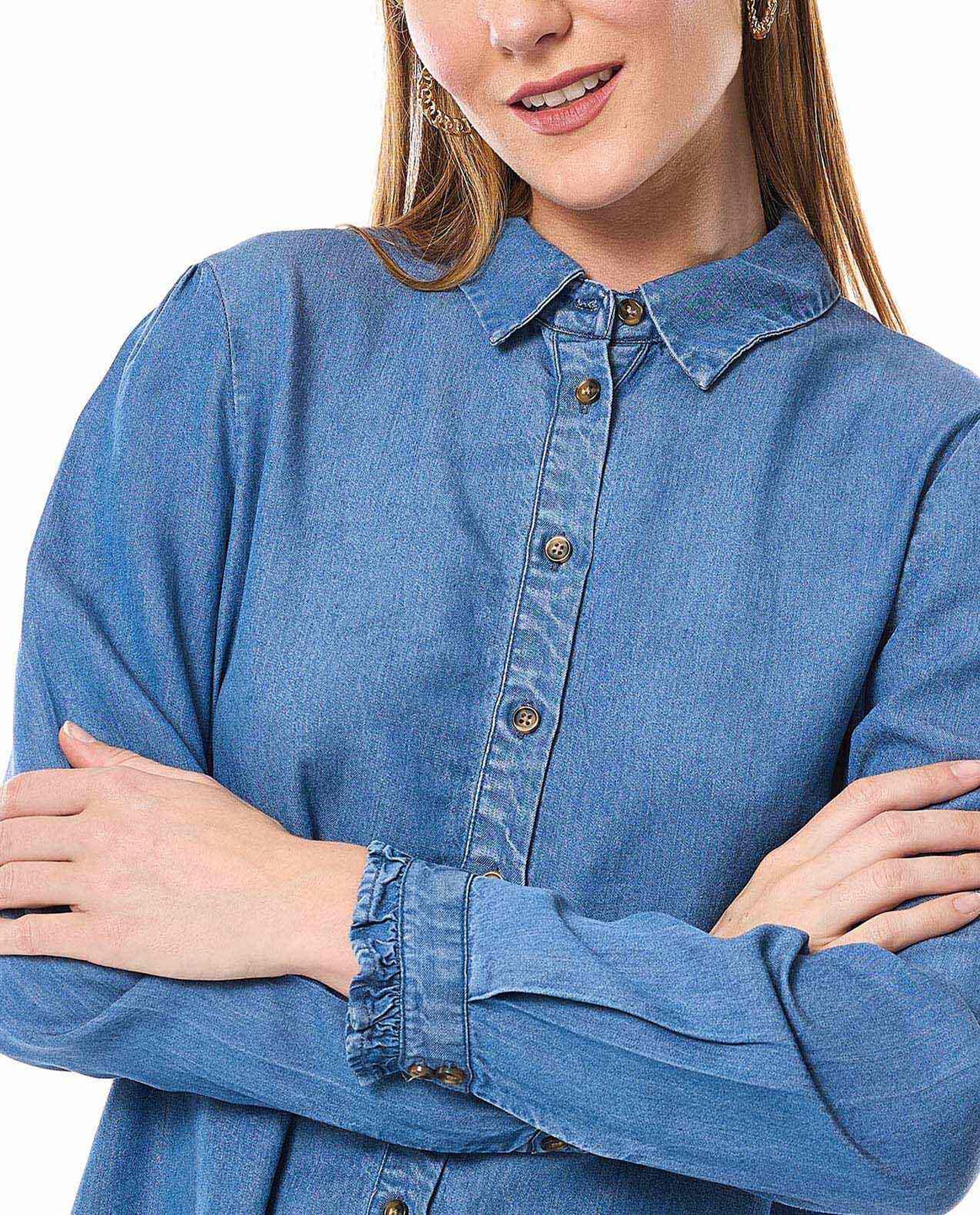 Washed Denim Tunic with Classic Collar and Long Sleeves