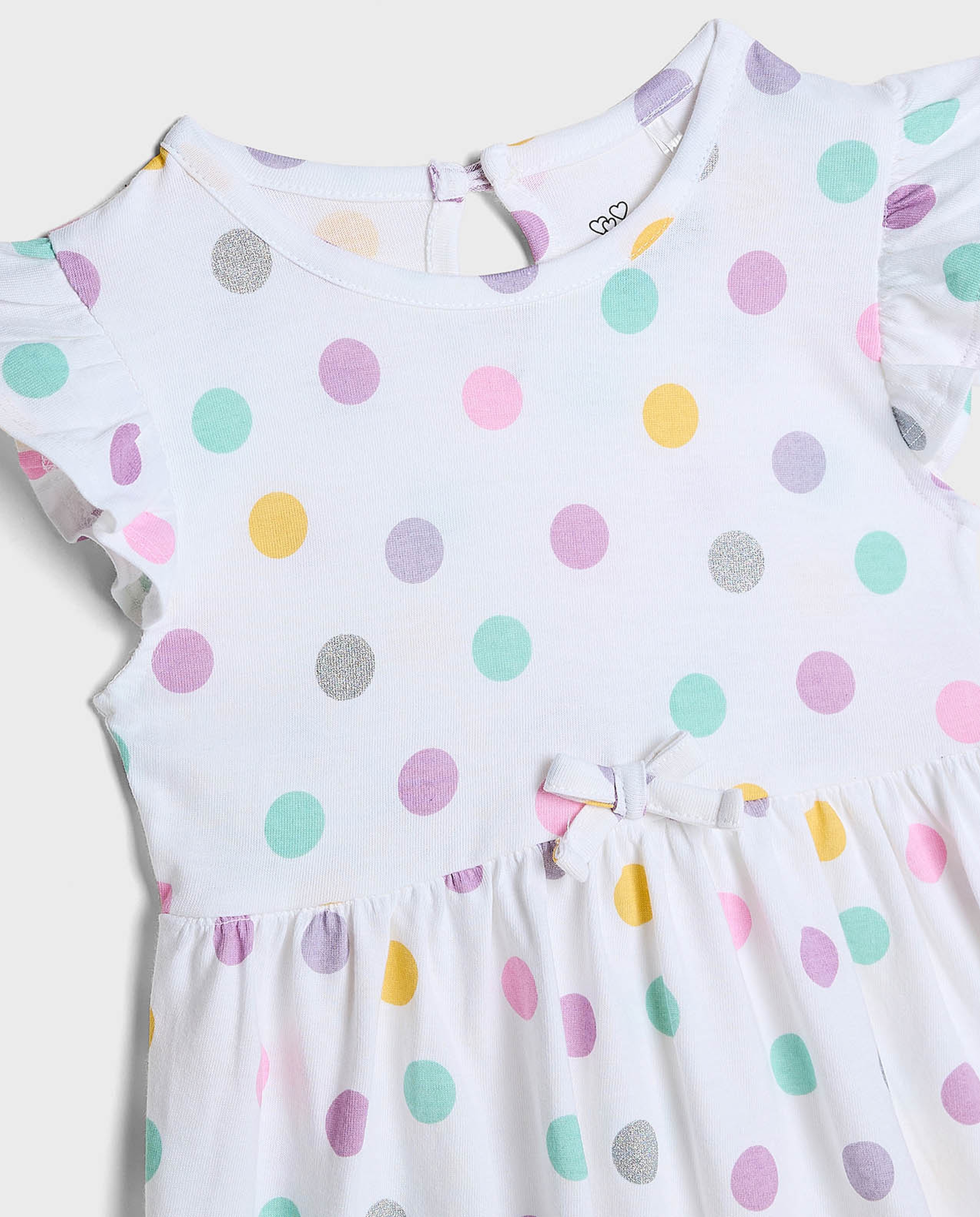 Polka Dots Printed Dress with Crew  Neck and Ruffle Sleeves