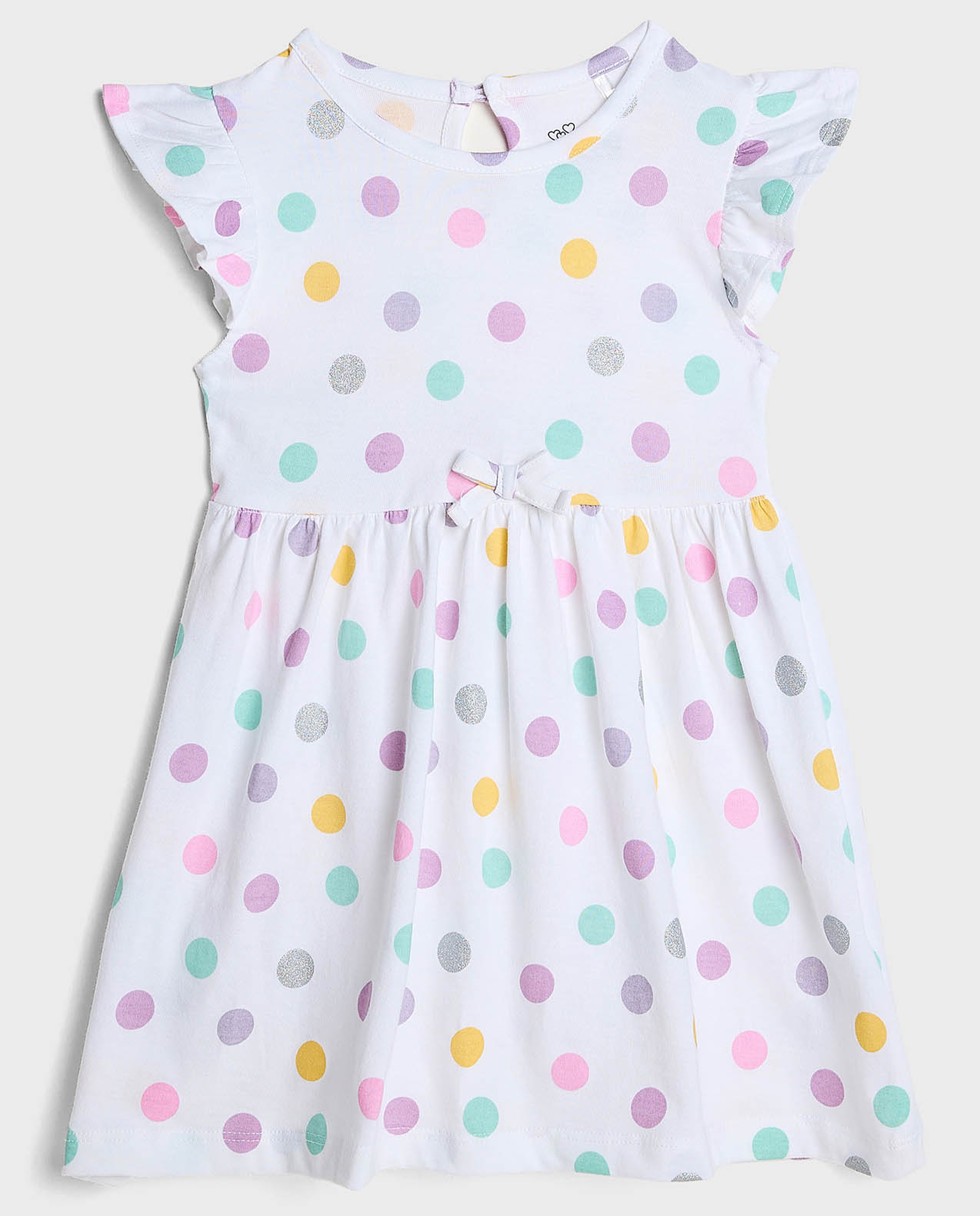 Polka Dots Printed Dress with Crew  Neck and Ruffle Sleeves