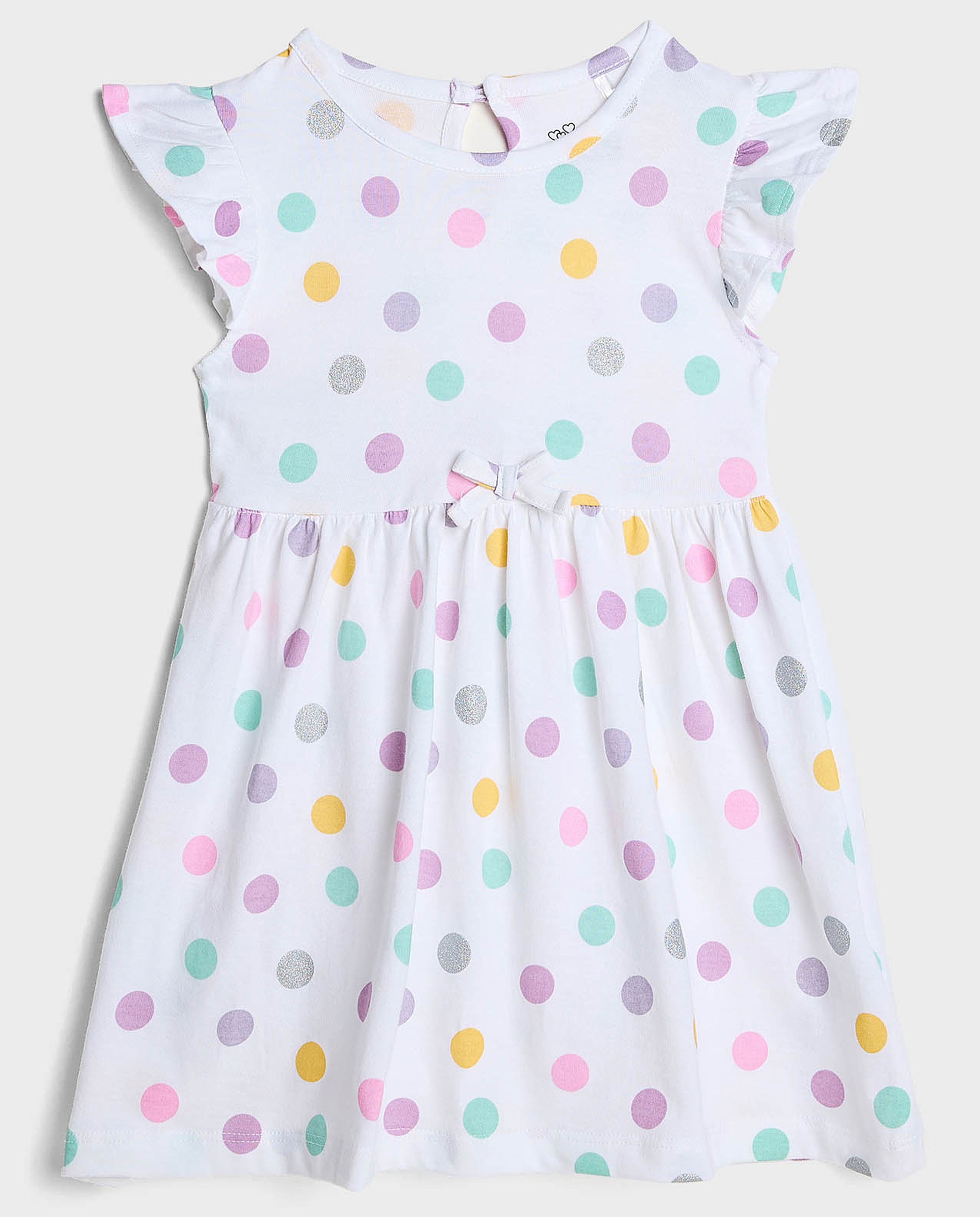 Polka Dots Printed Dress with Crew  Neck and Ruffle Sleeves