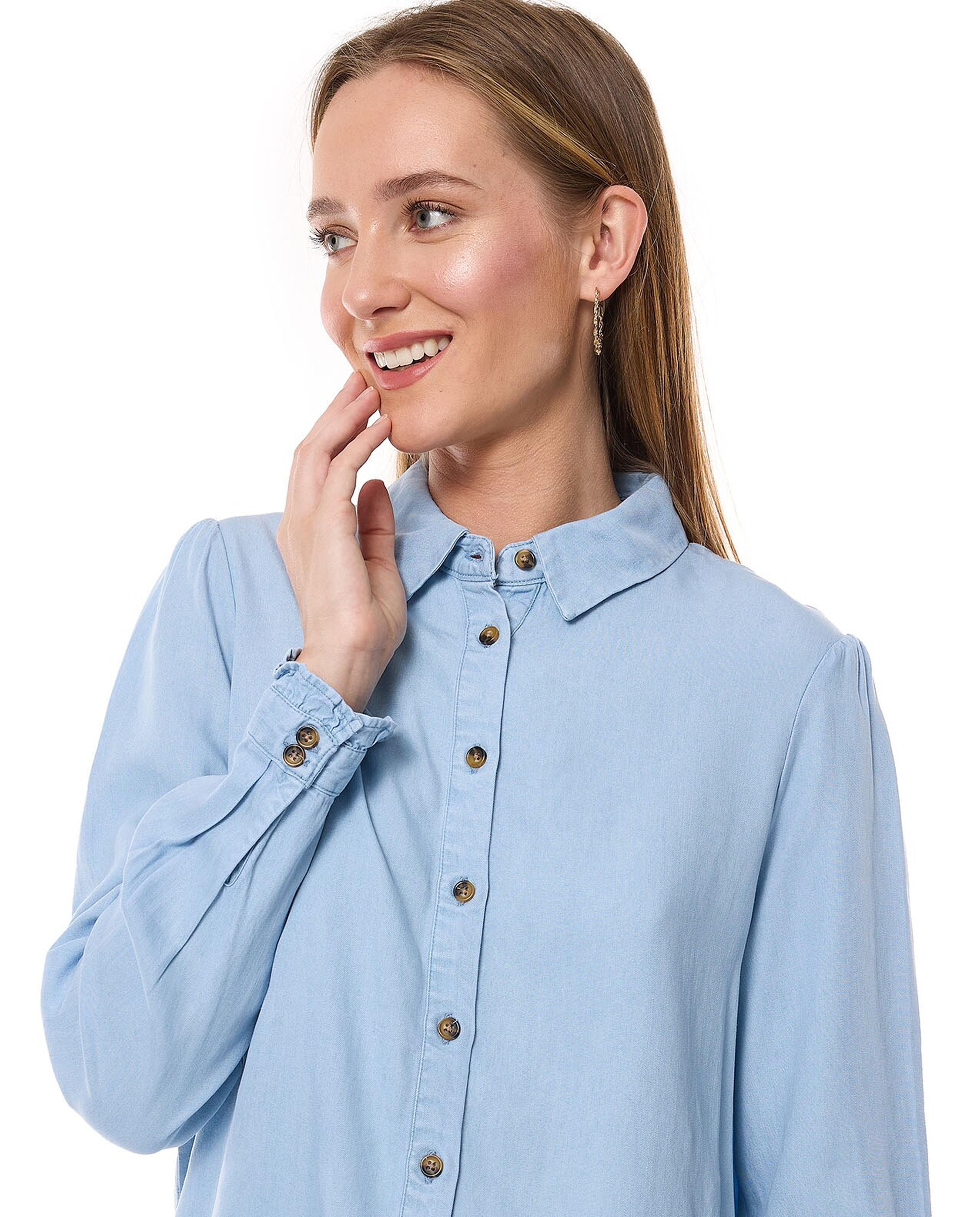 Washed Denim Tunic with Classic Collar and Long Sleeves
