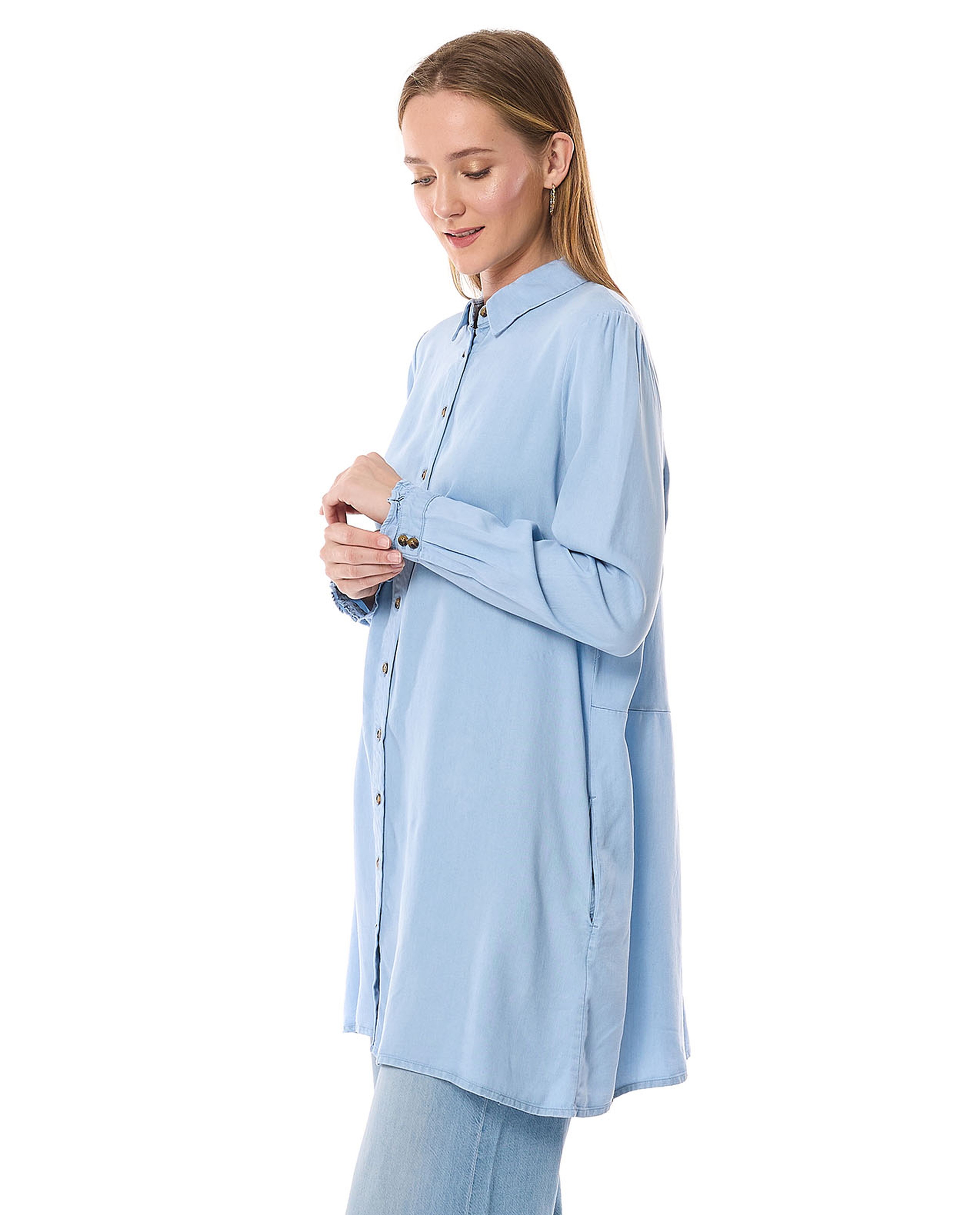 Washed Denim Tunic with Classic Collar and Long Sleeves