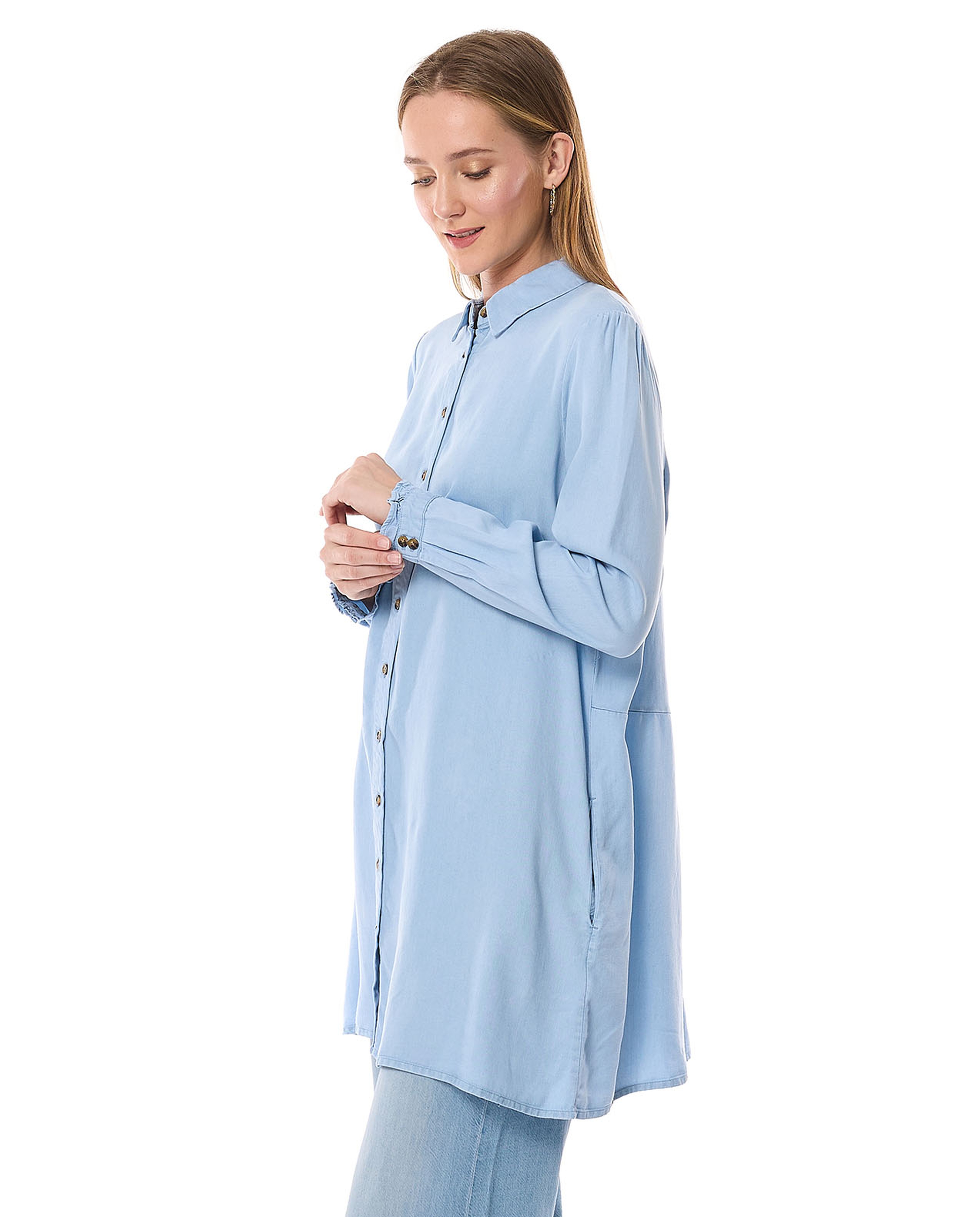 Washed Denim Tunic with Classic Collar and Long Sleeves