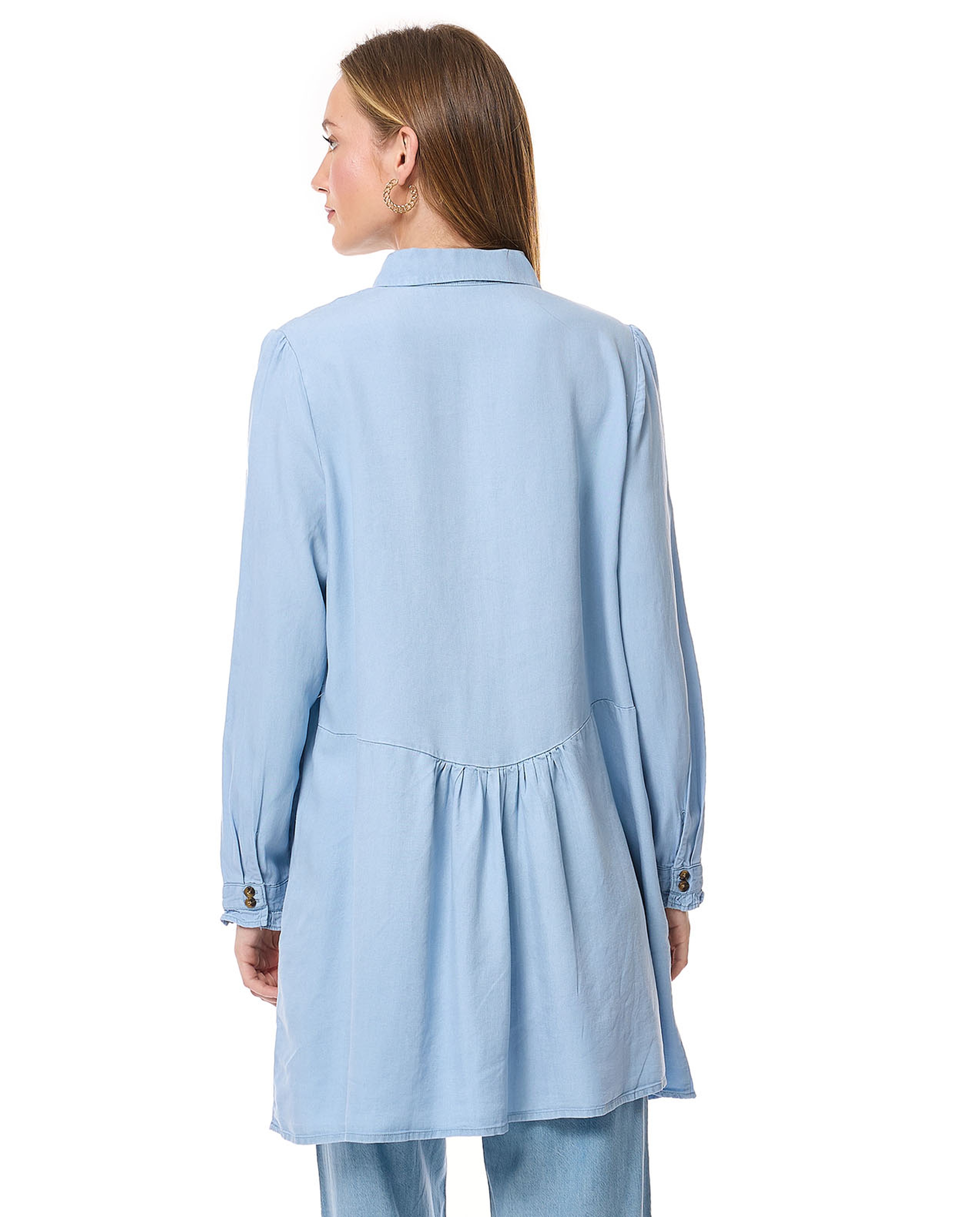 Washed Denim Tunic with Classic Collar and Long Sleeves