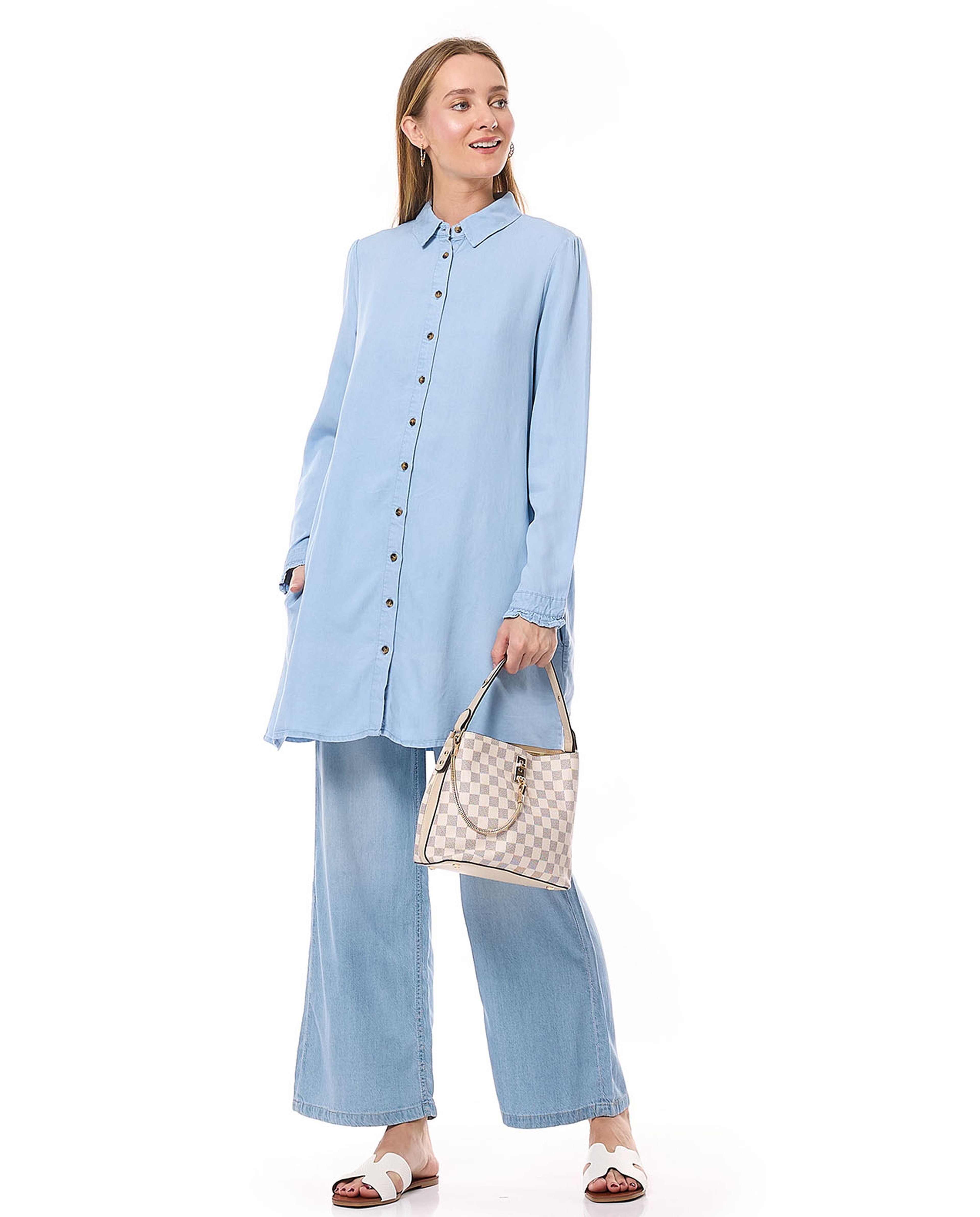 Washed Denim Tunic with Classic Collar and Long Sleeves