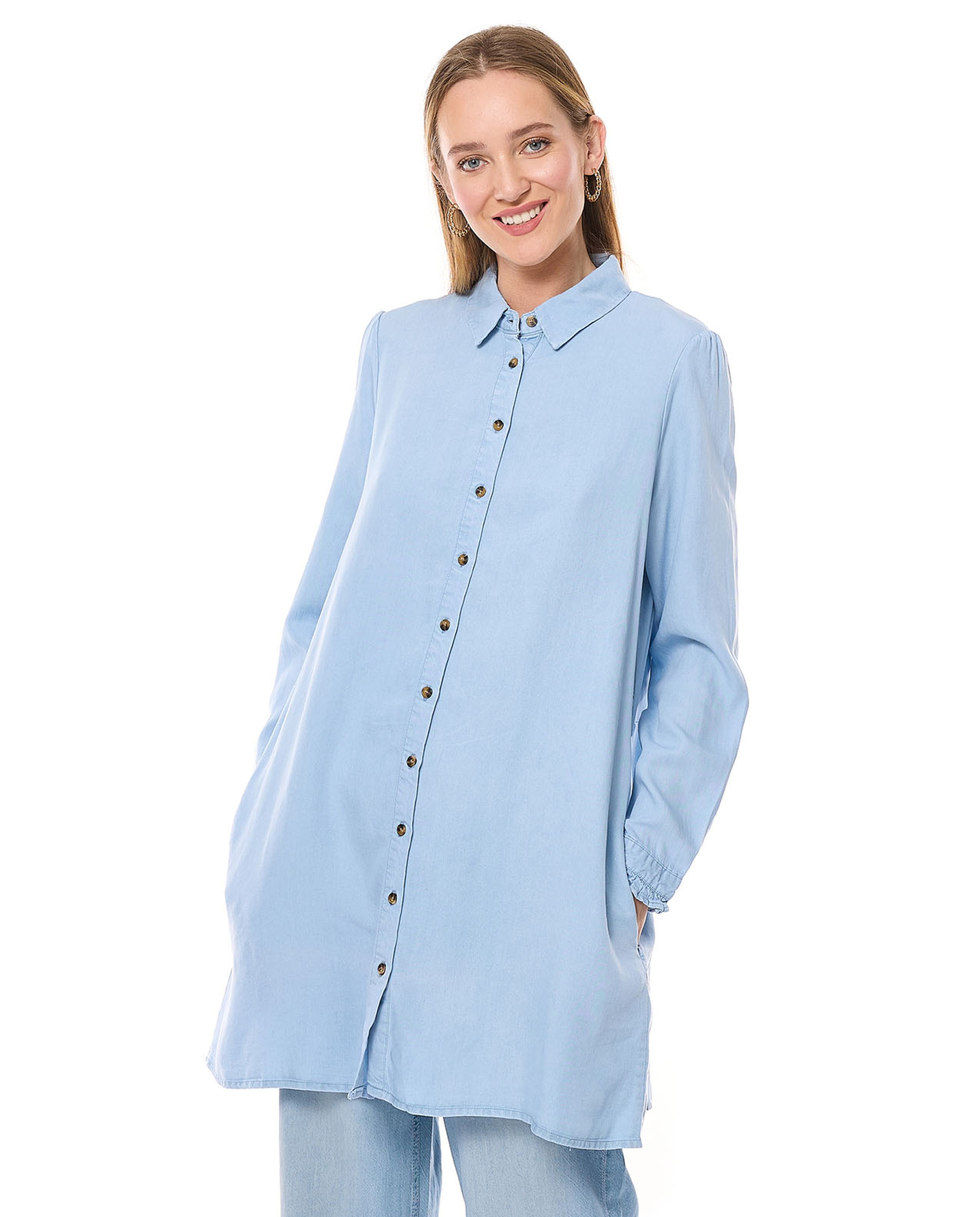 Washed Denim Tunic with Classic Collar and Long Sleeves