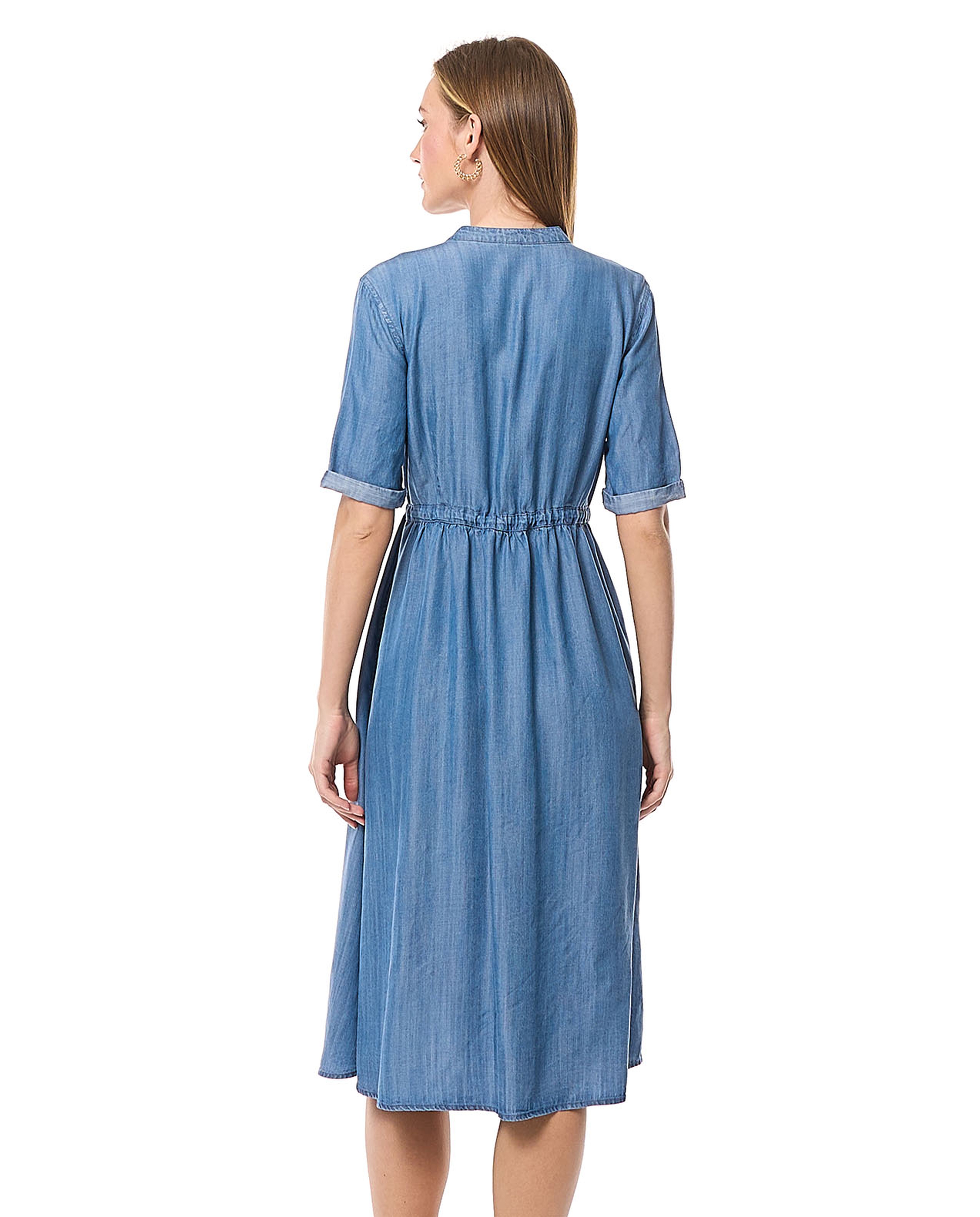 Denim Shirt Dress with Stand Collar and Short Sleeves