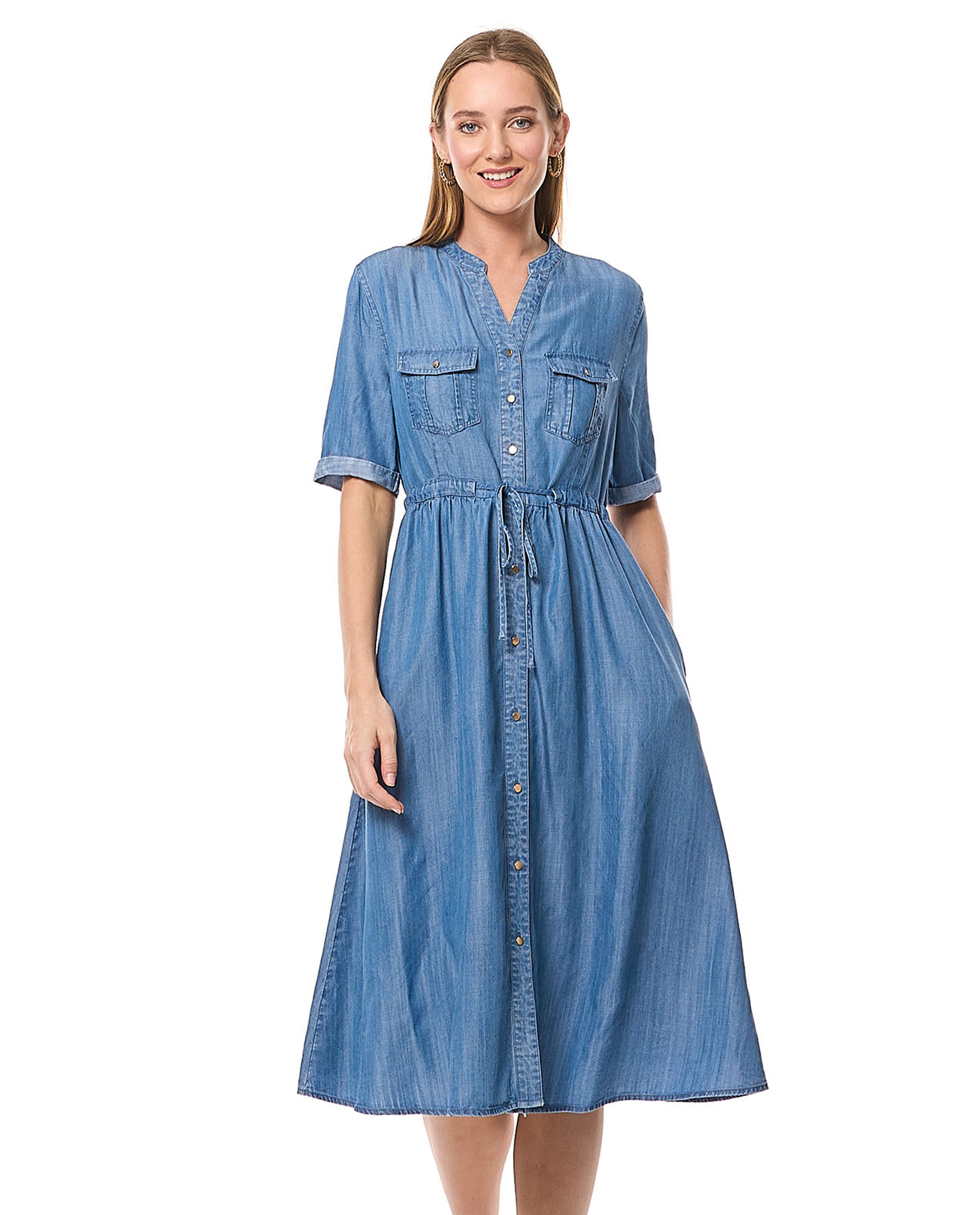 Denim Shirt Dress with Stand Collar and Short Sleeves