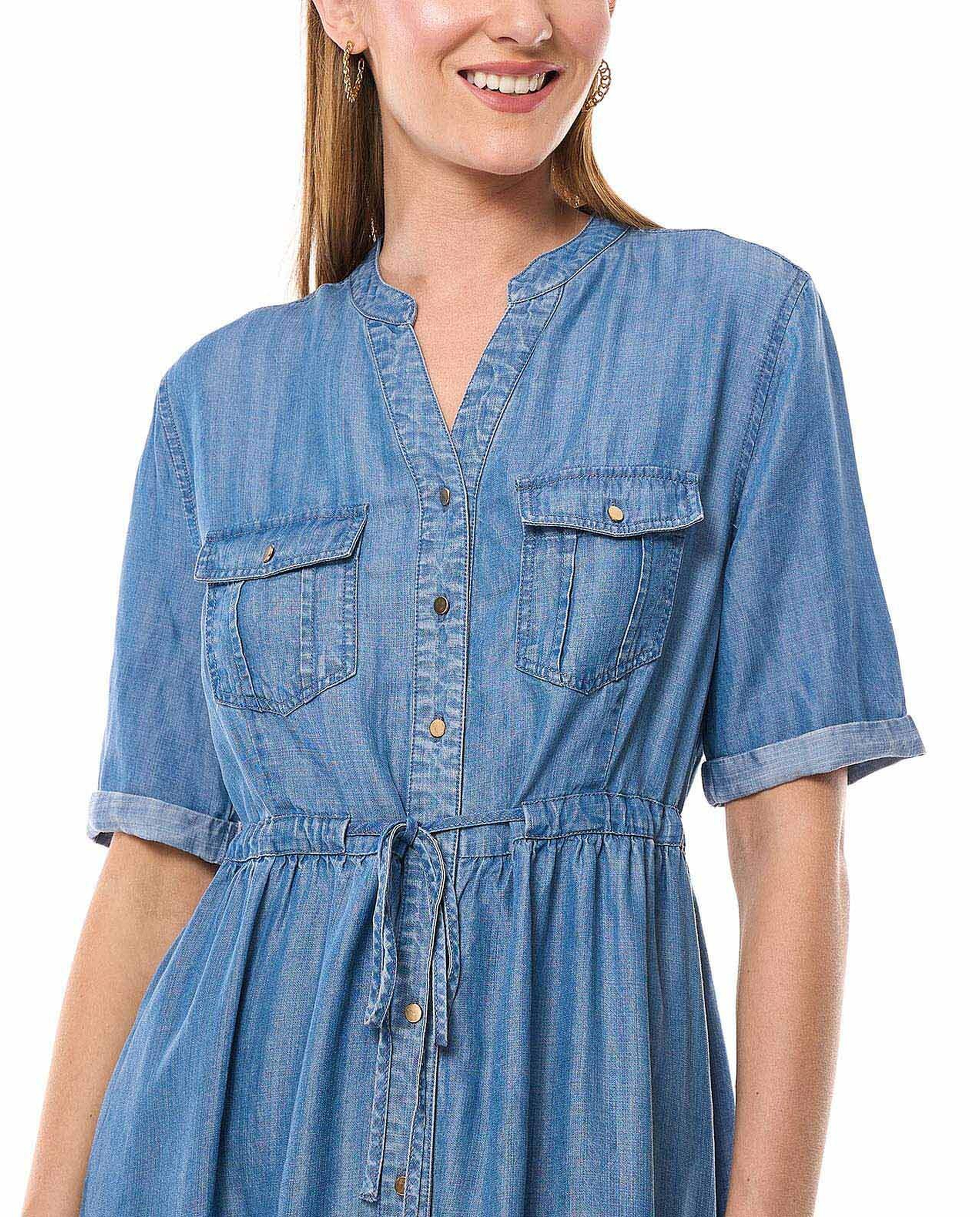 Denim Shirt Dress with Stand Collar and Short Sleeves