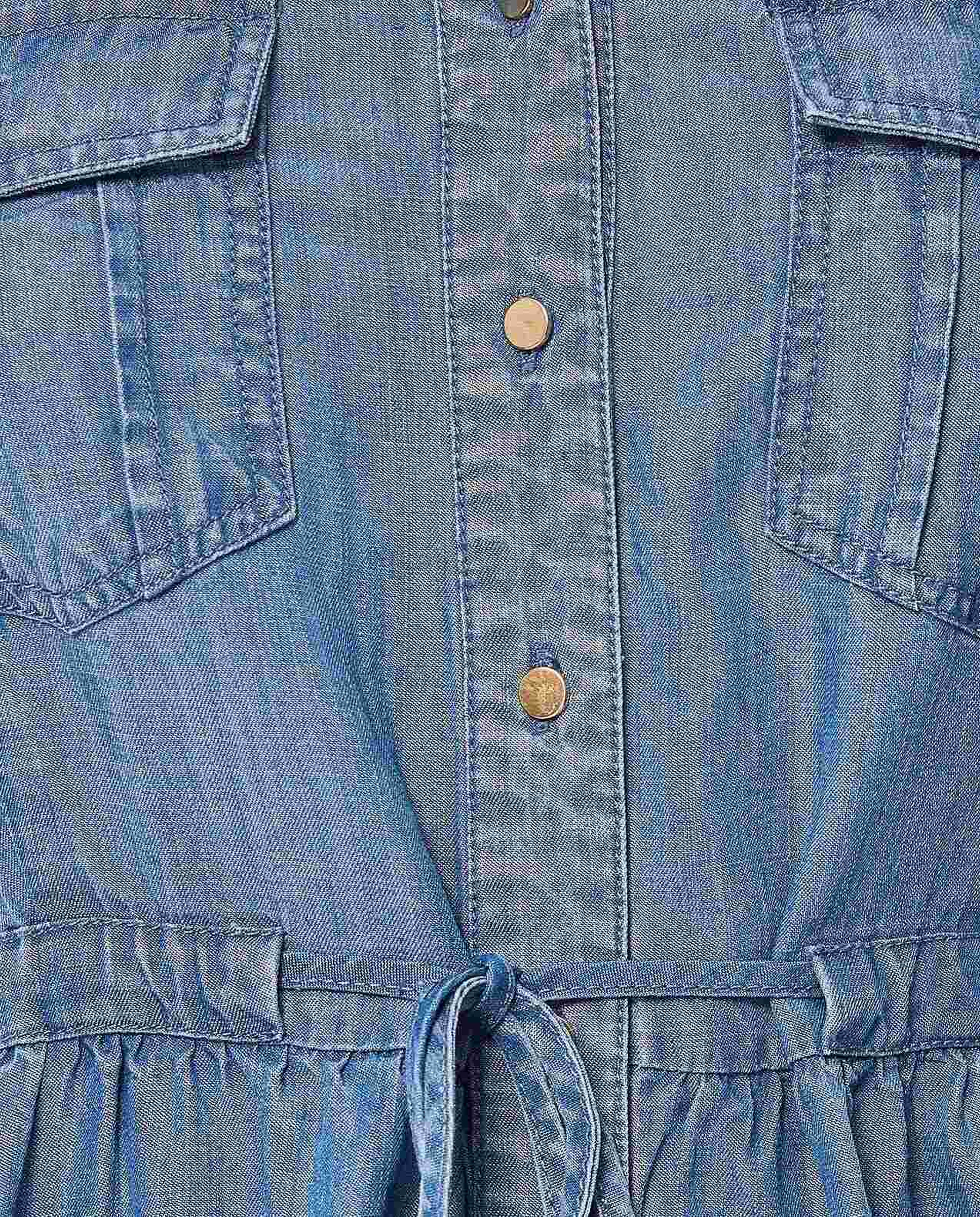 Denim Shirt Dress with Stand Collar and Short Sleeves