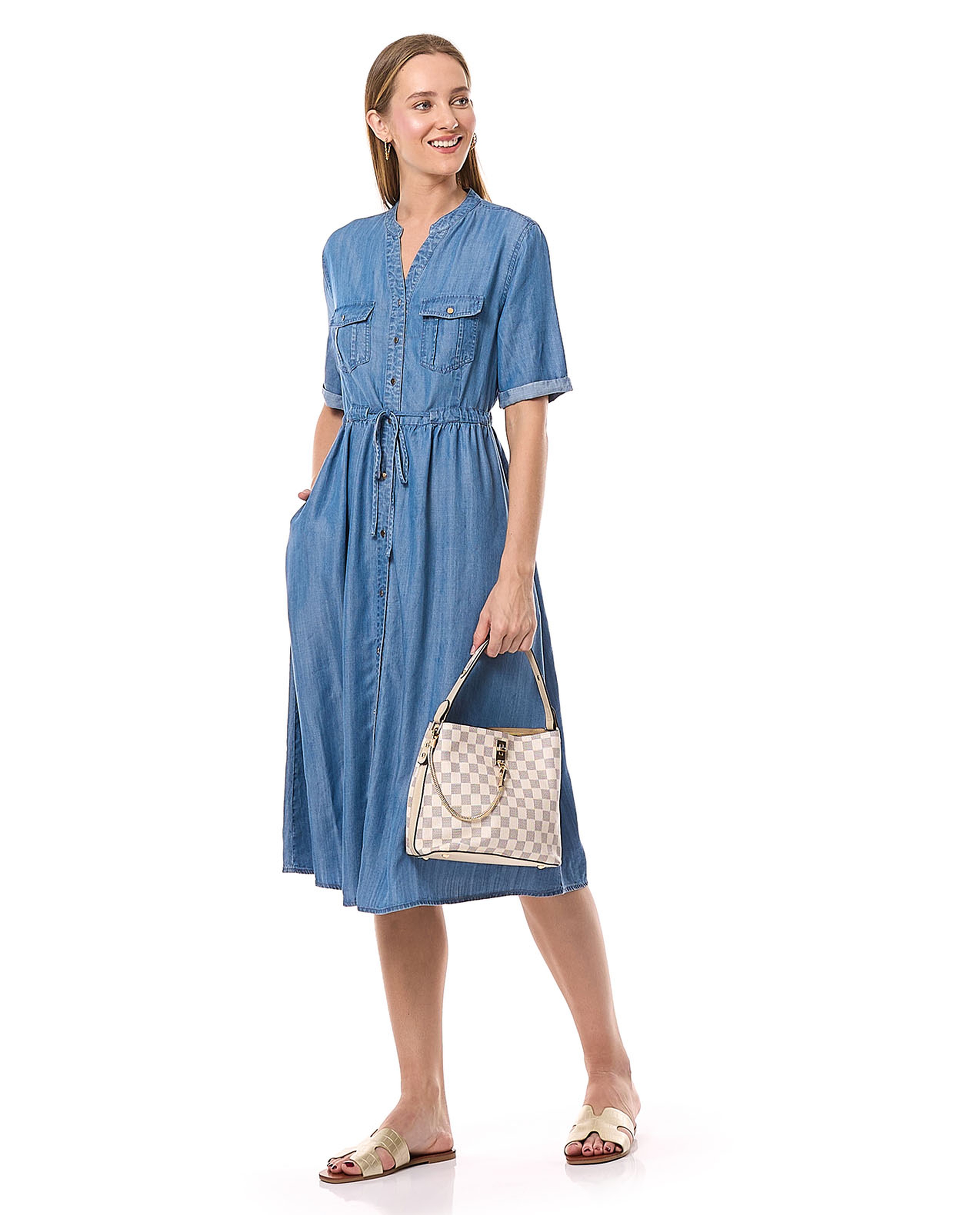 Denim Shirt Dress with Stand Collar and Short Sleeves