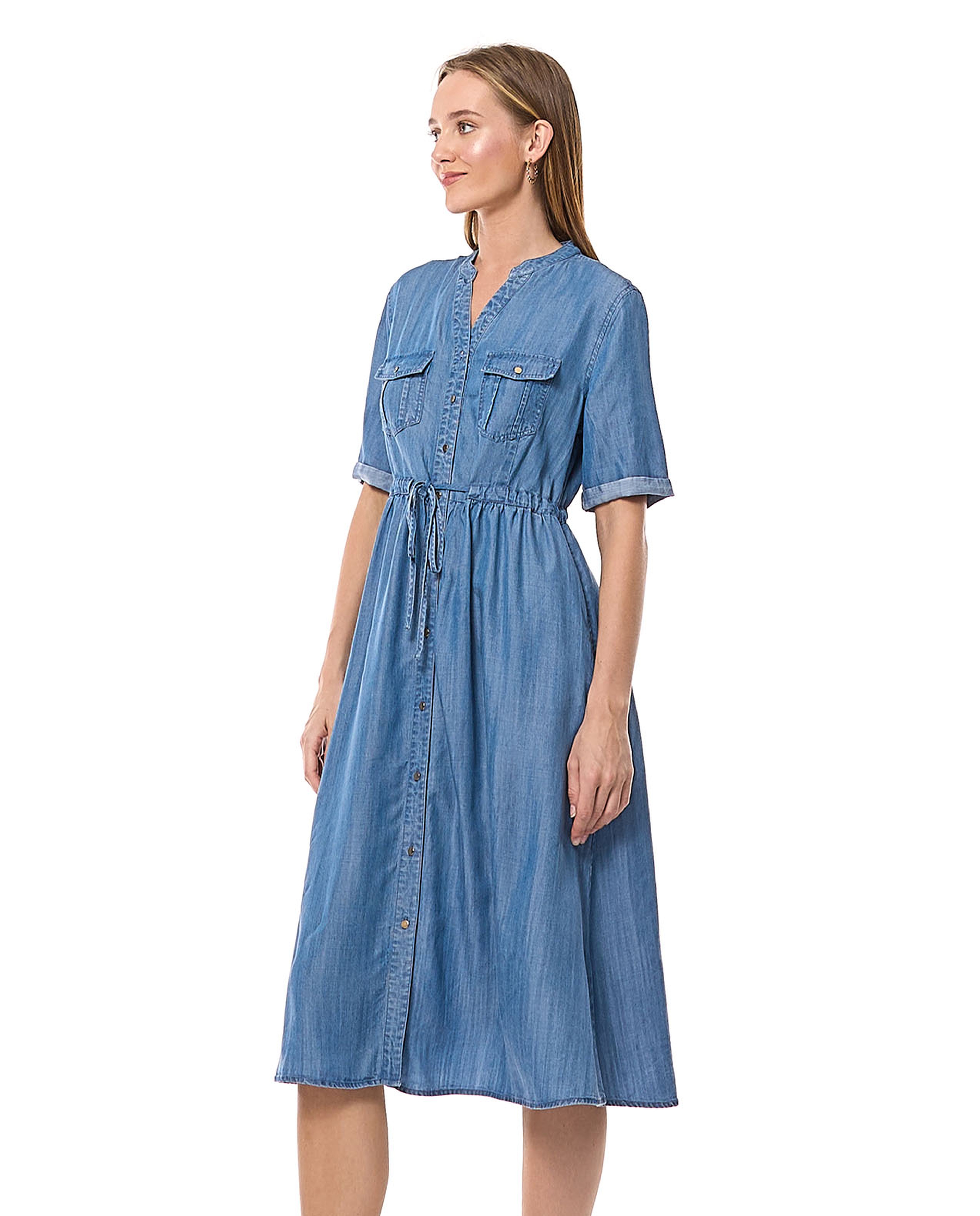 Denim Shirt Dress with Stand Collar and Short Sleeves