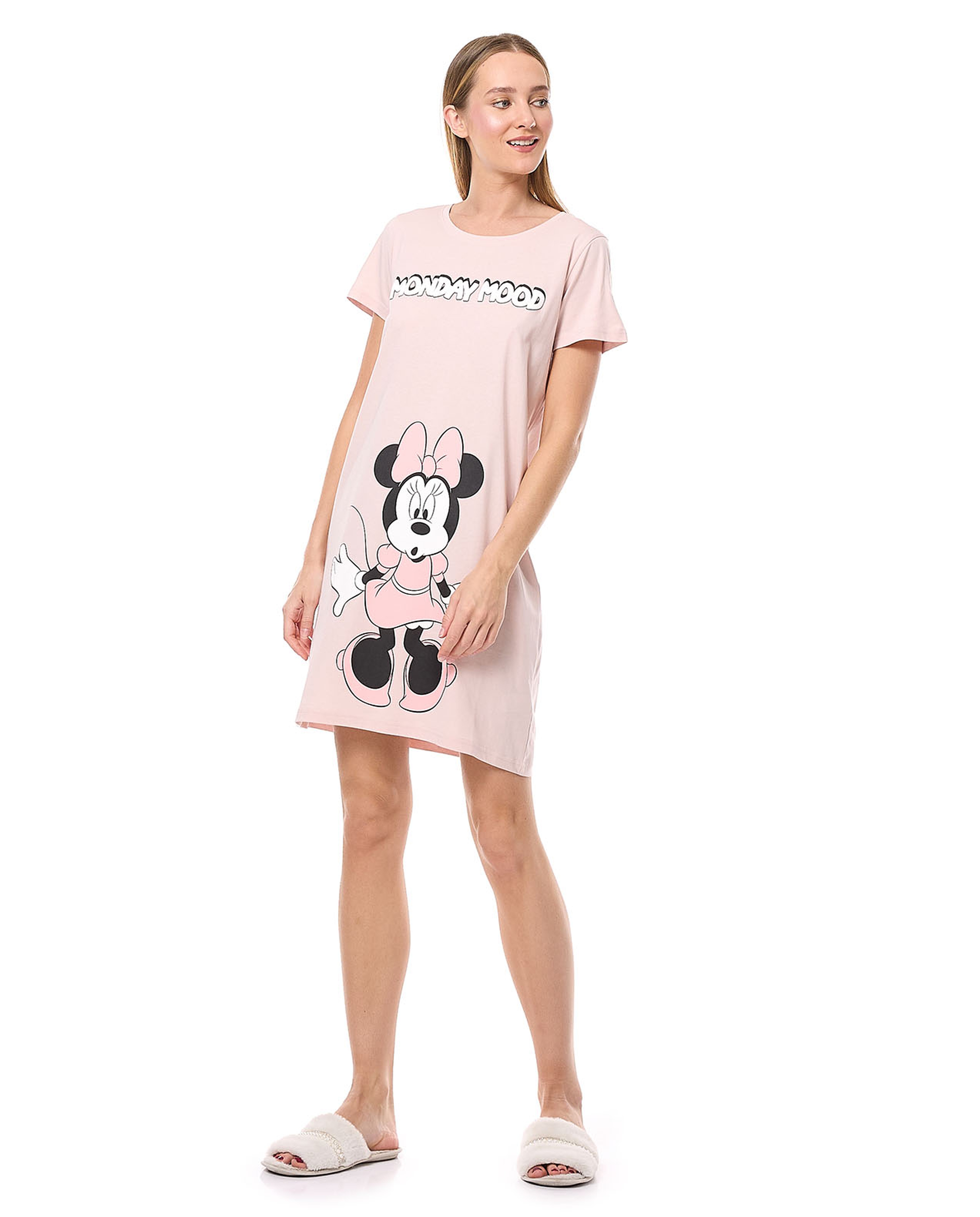 Minnie Mouse Printed Nightdress with Crew Neck and Short Sleeves