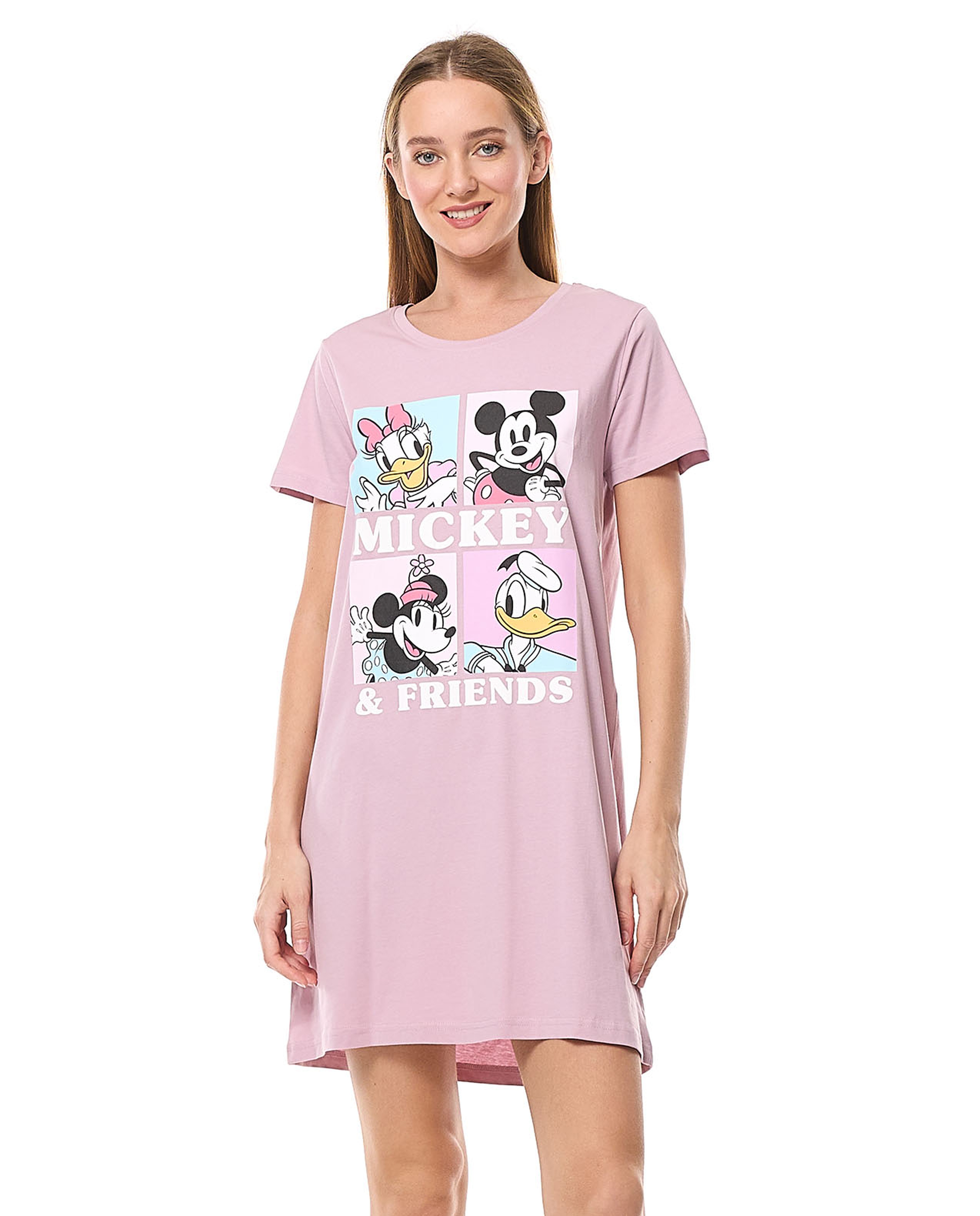 Mickey & Friends Printed Nightdress with Crew Neck and Short Sleeves