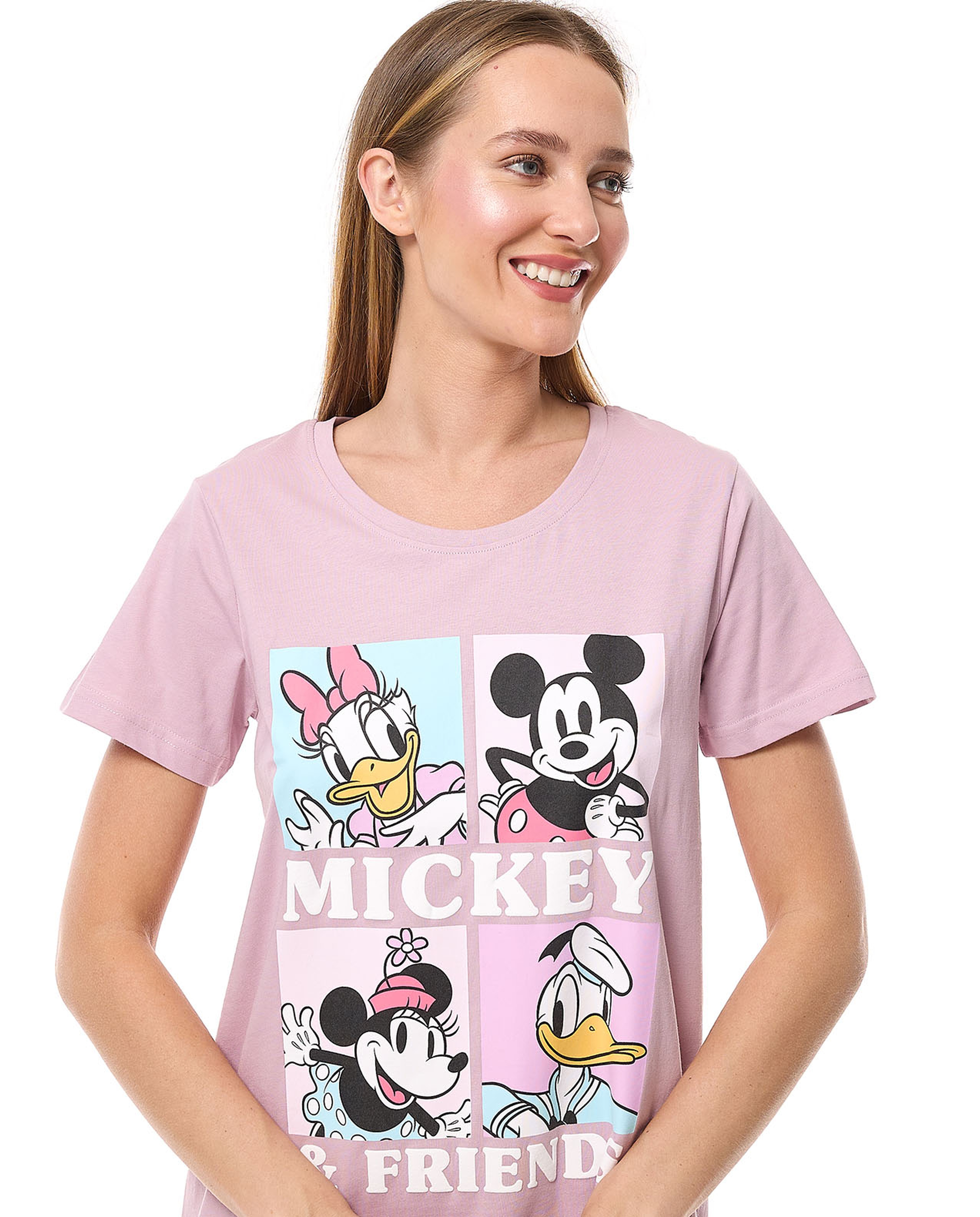 Mickey & Friends Printed Nightdress with Crew Neck and Short Sleeves