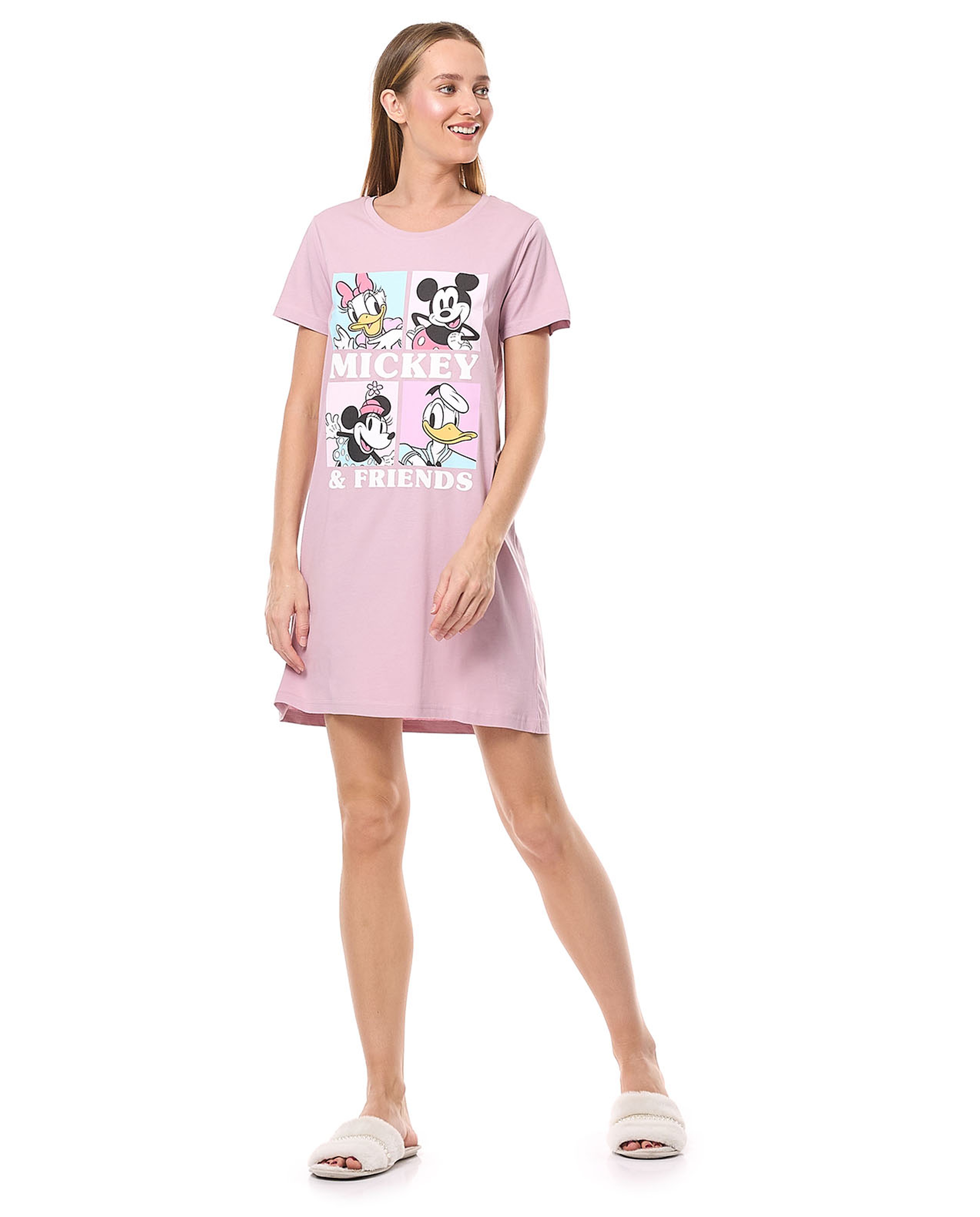 Mickey & Friends Printed Nightdress with Crew Neck and Short Sleeves