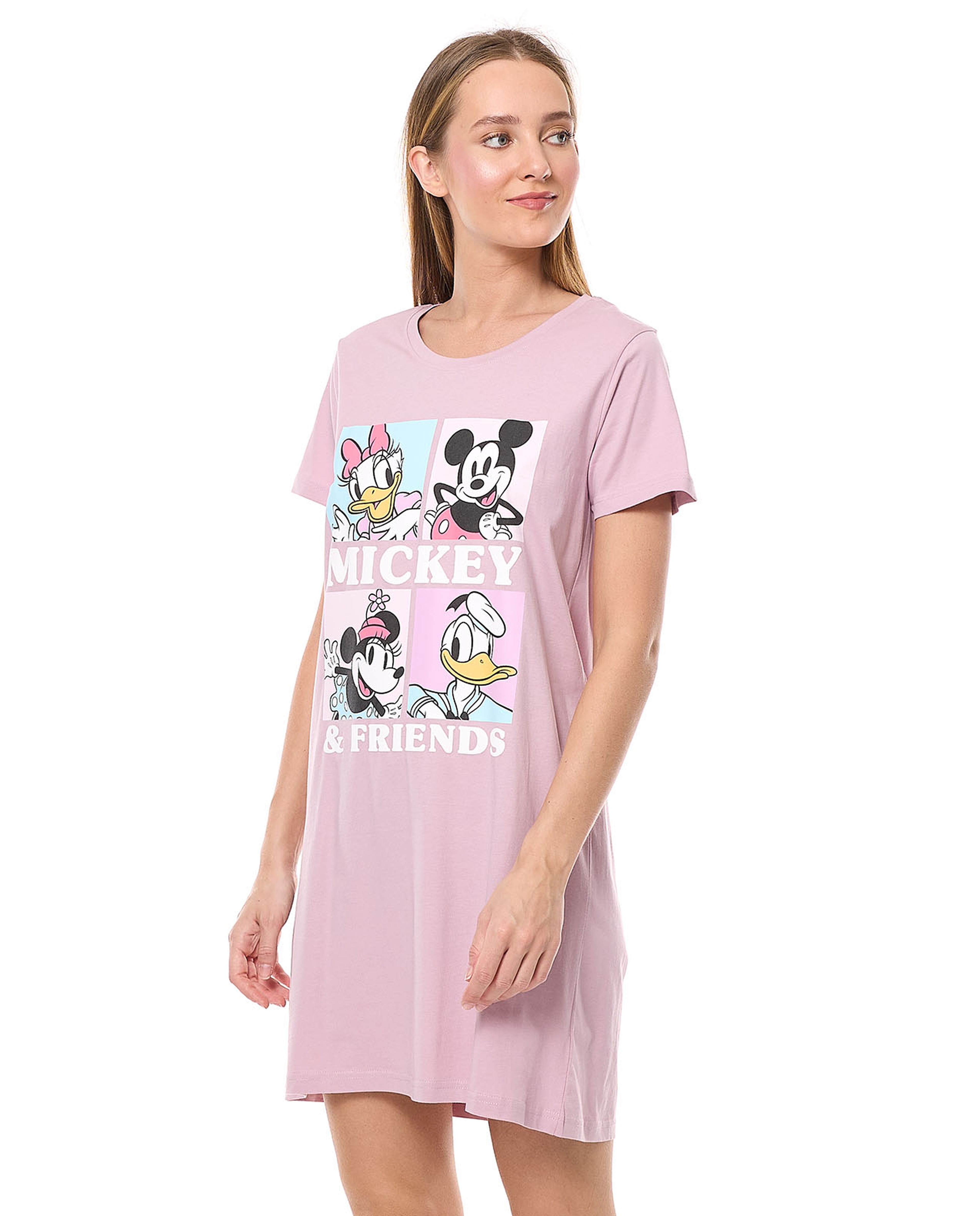Mickey & Friends Printed Nightdress with Crew Neck and Short Sleeves