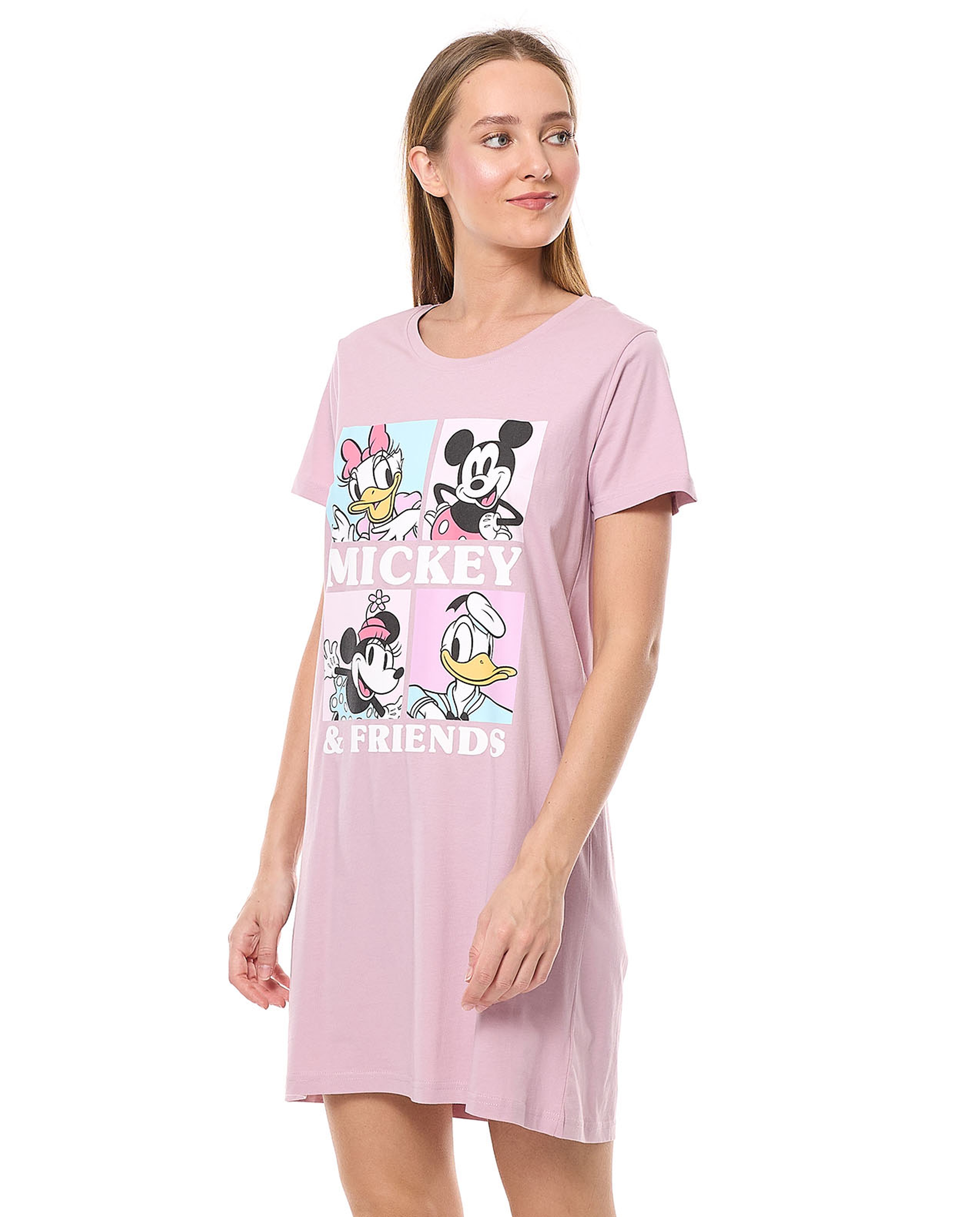 Mickey & Friends Printed Nightdress with Crew Neck and Short Sleeves