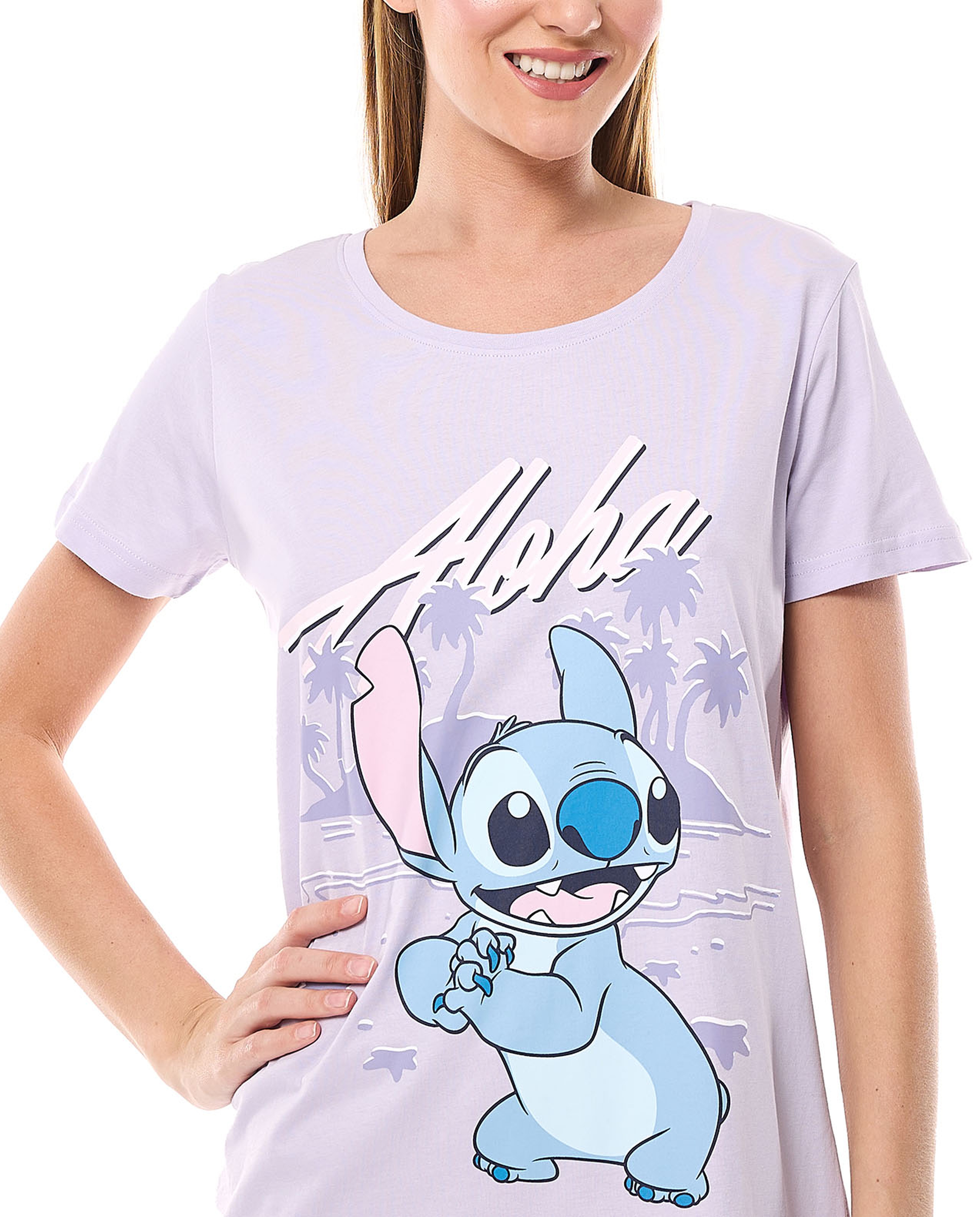 Stitch Printed Nightdress with Crew Neck and Short Sleeves