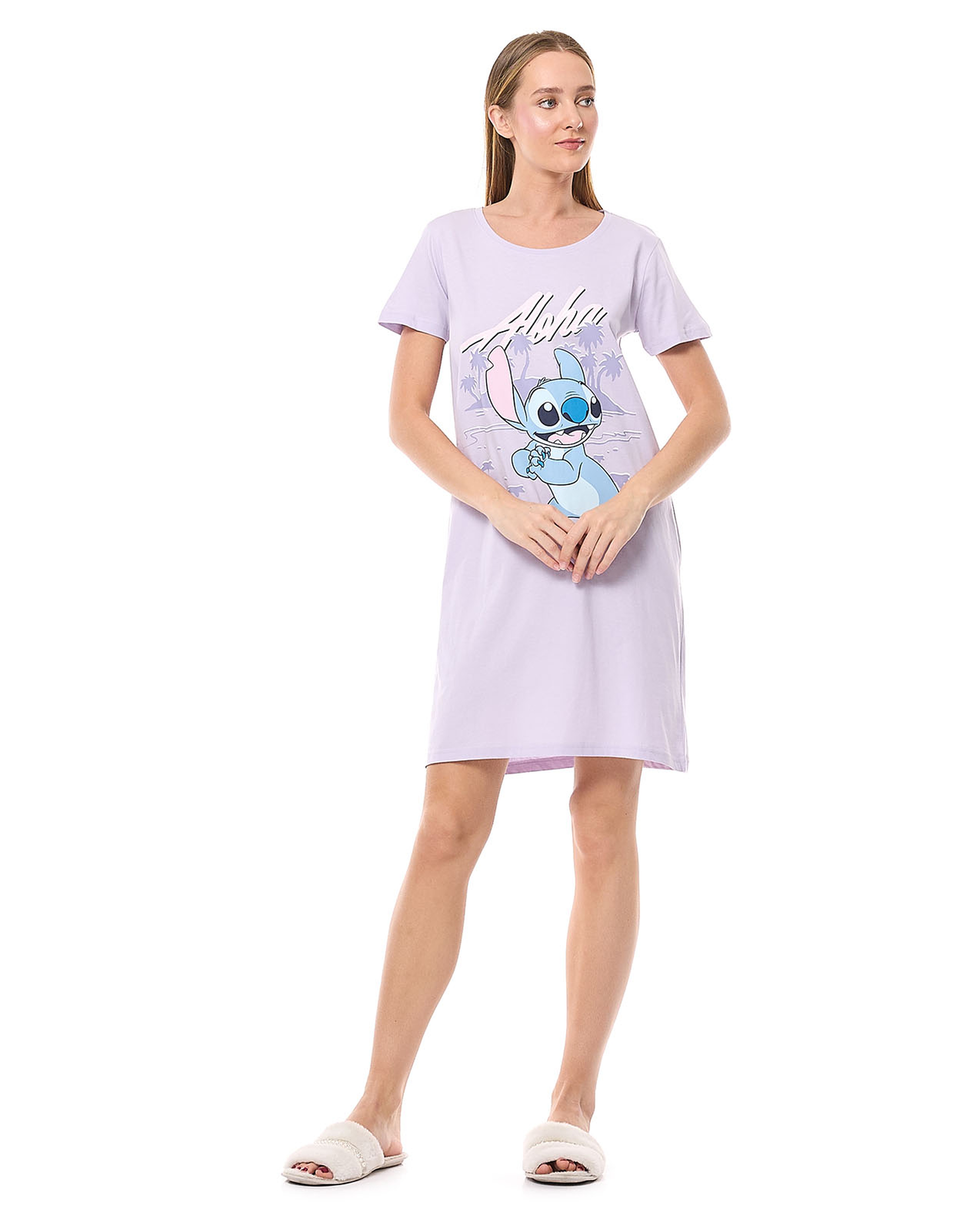 Stitch Printed Nightdress with Crew Neck and Short Sleeves