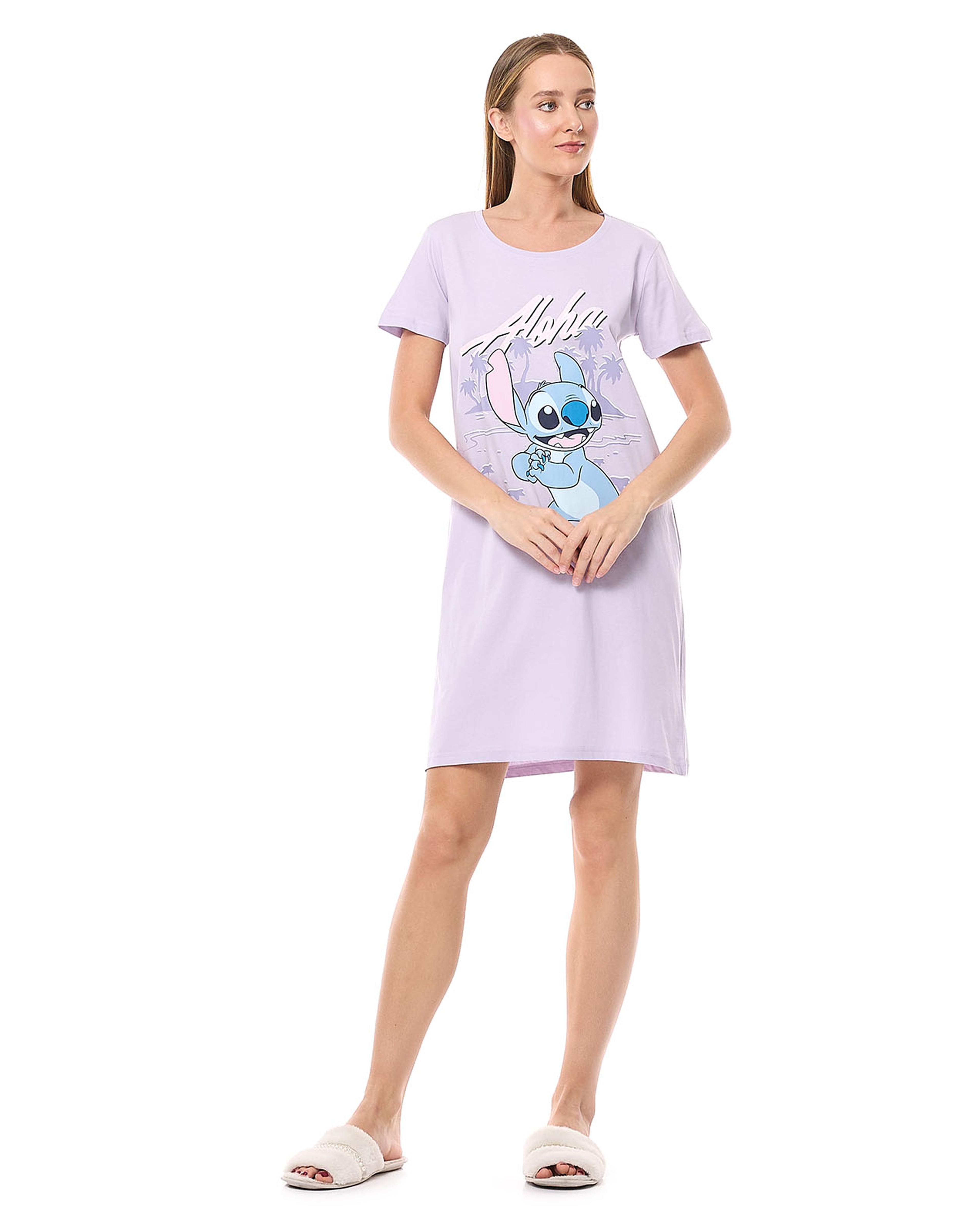 Stitch Printed Nightdress with Crew Neck and Short Sleeves