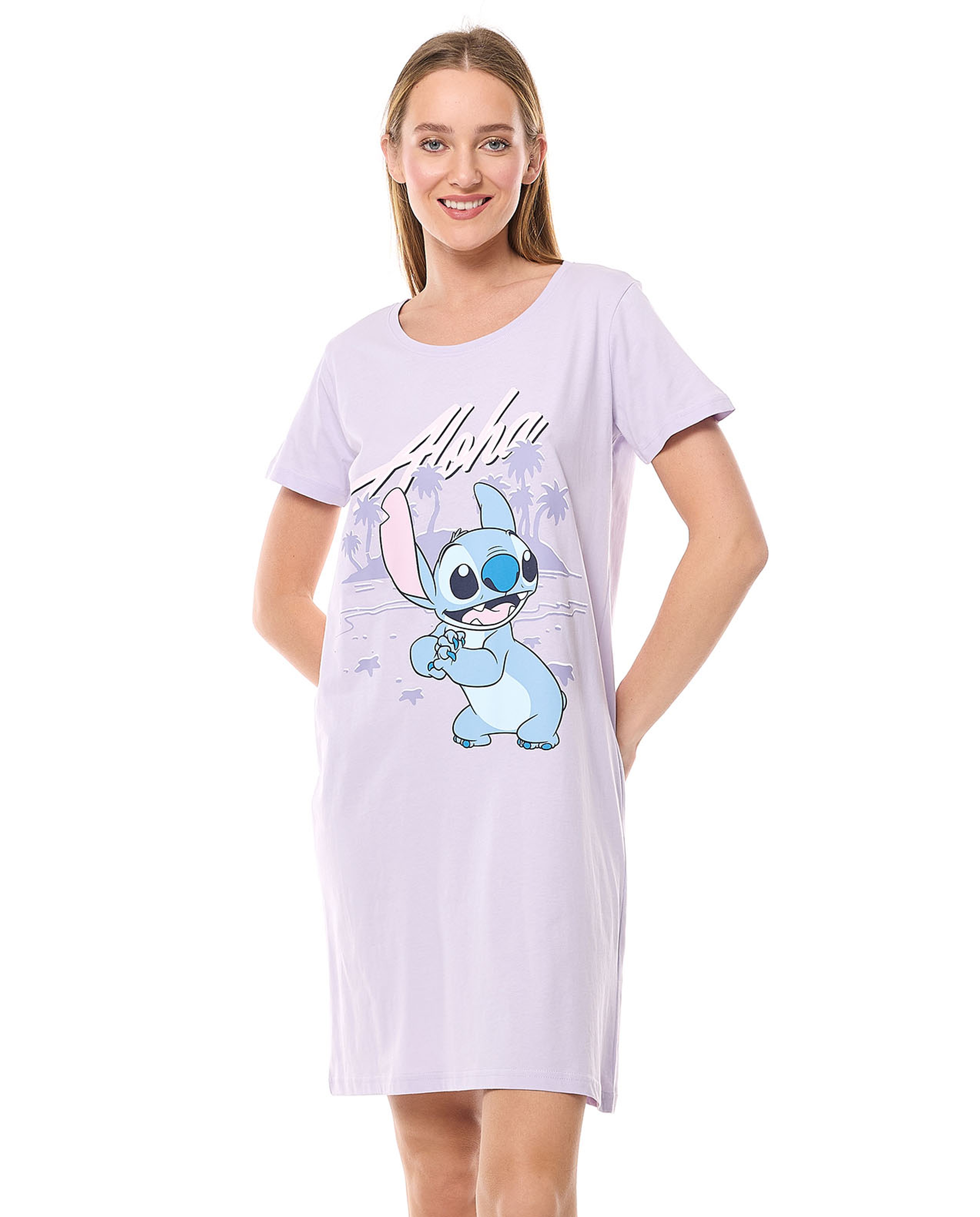Stitch Printed Nightdress with Crew Neck and Short Sleeves