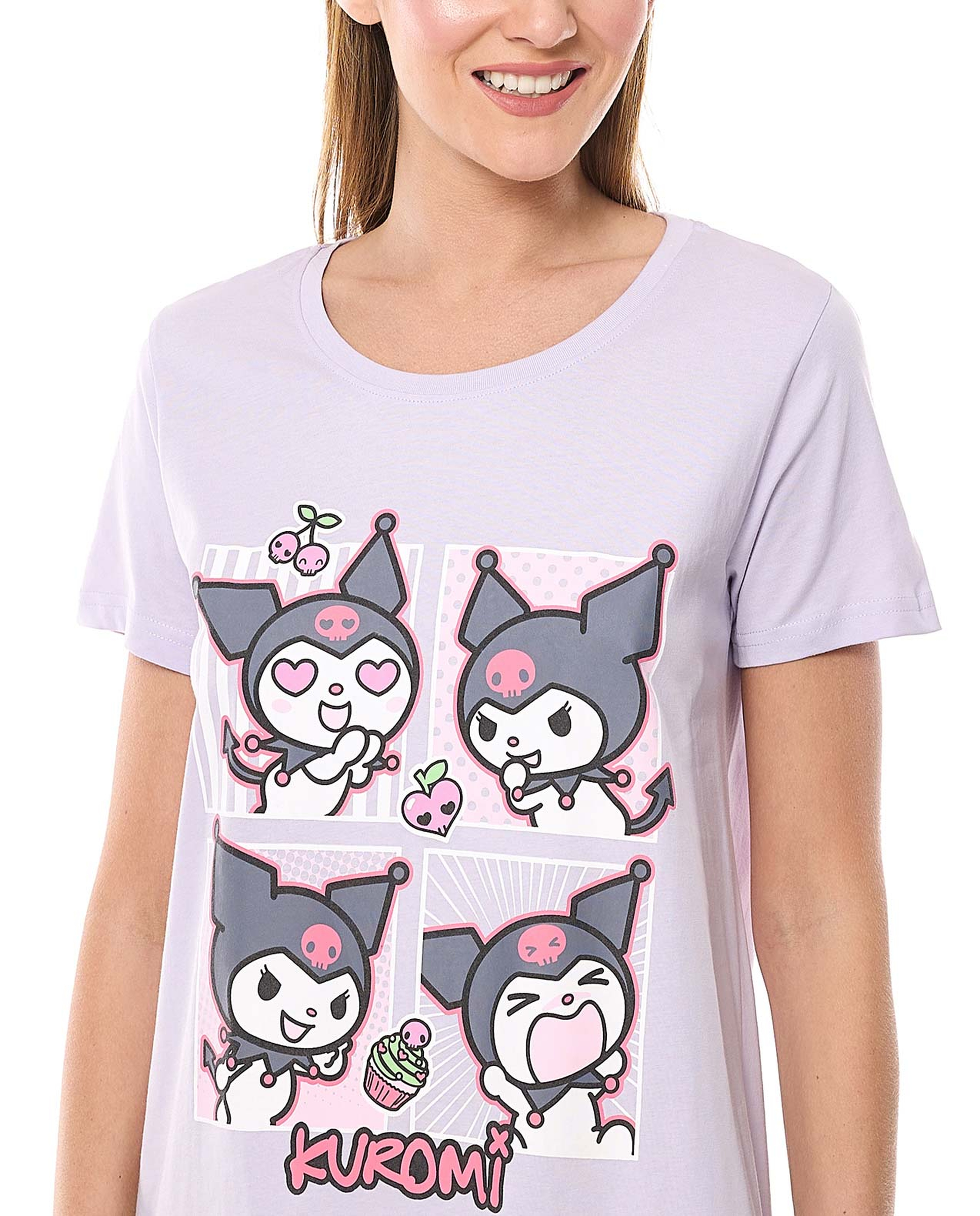 Kuromi Printed Nightdress with Crew Neck and Short Sleeves