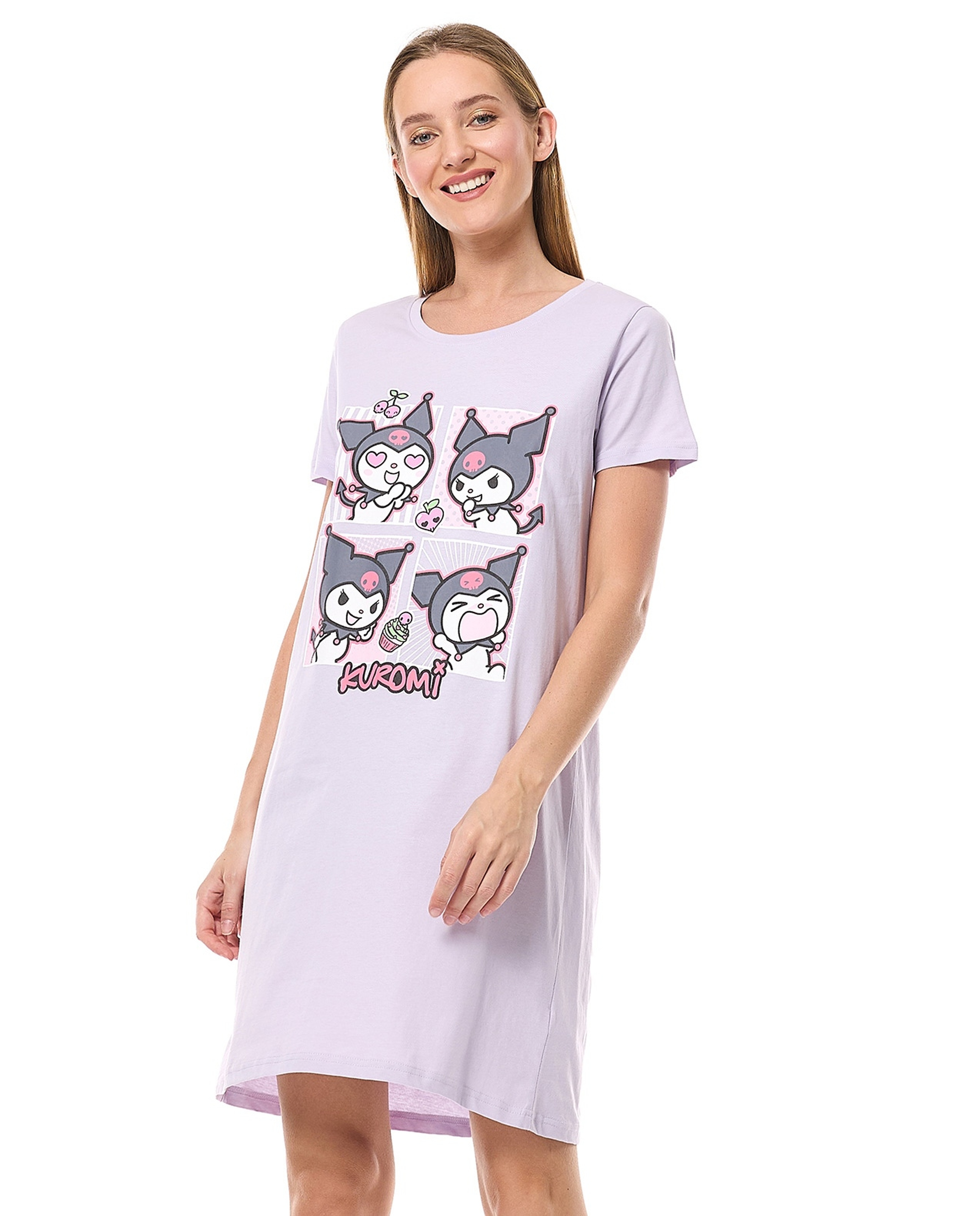 Kuromi Printed Nightdress with Crew Neck and Short Sleeves