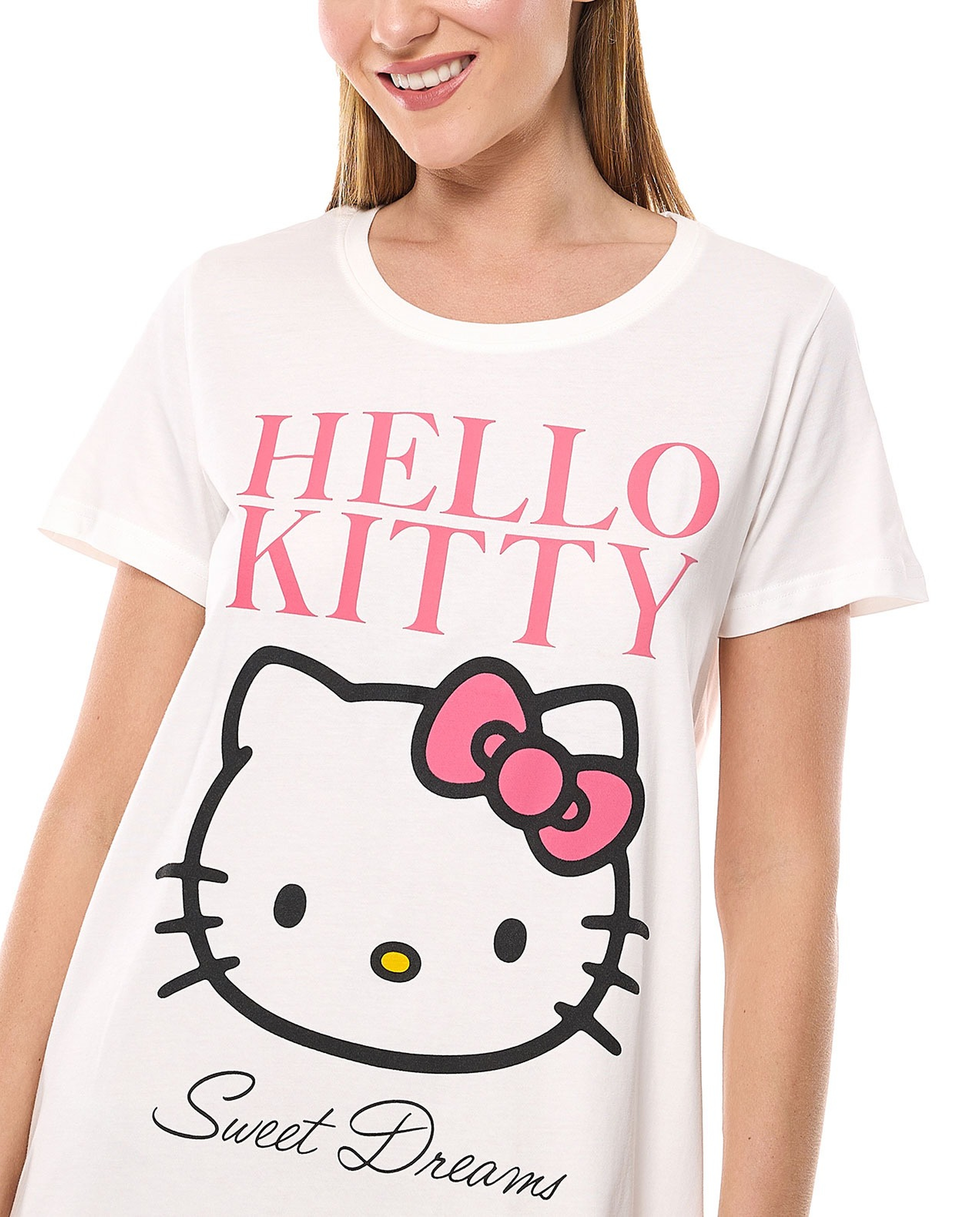 Hello Kitty Printed Nightdress with Crew Neck and Short Sleeves