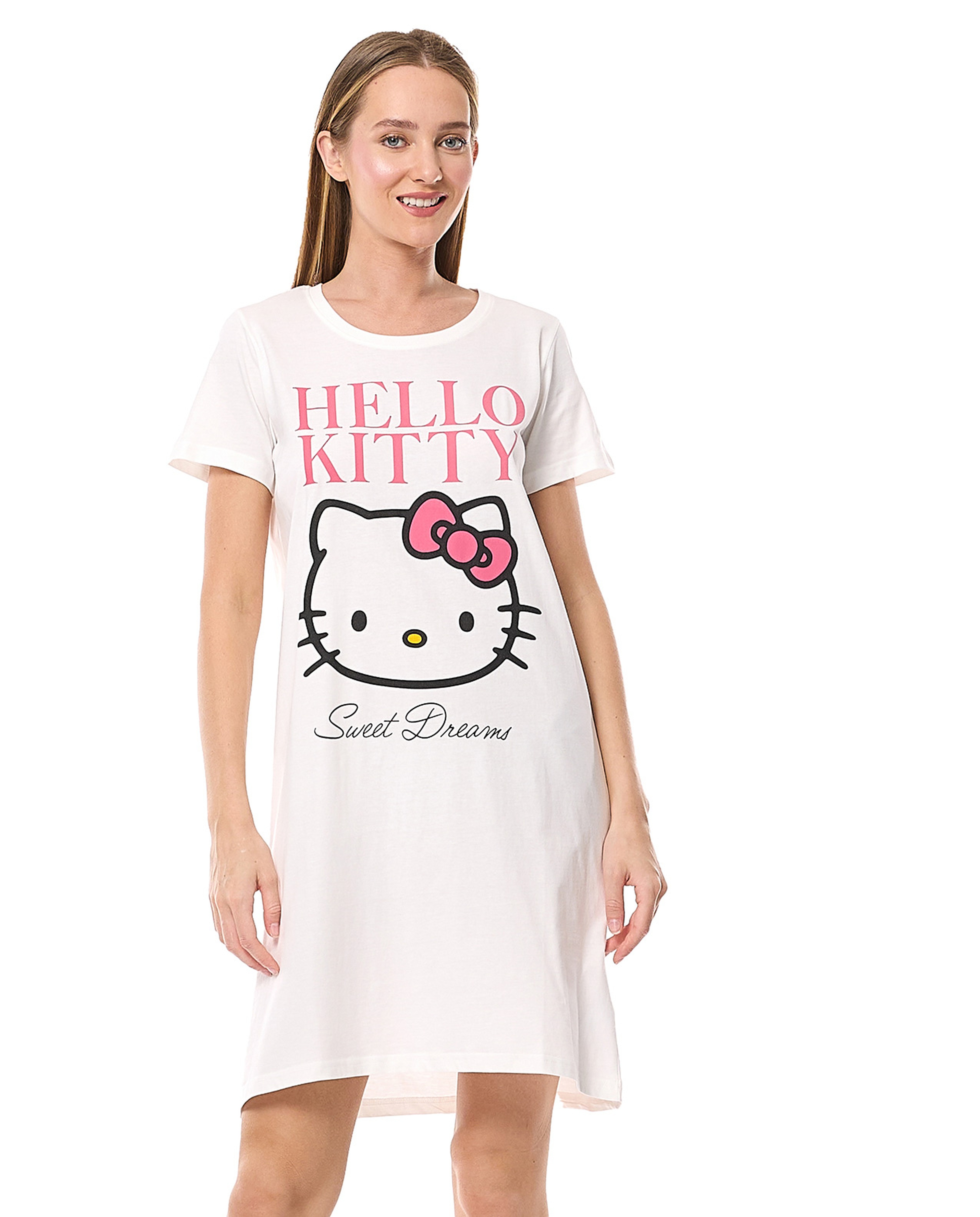 Hello Kitty Printed Nightdress with Crew Neck and Short Sleeves