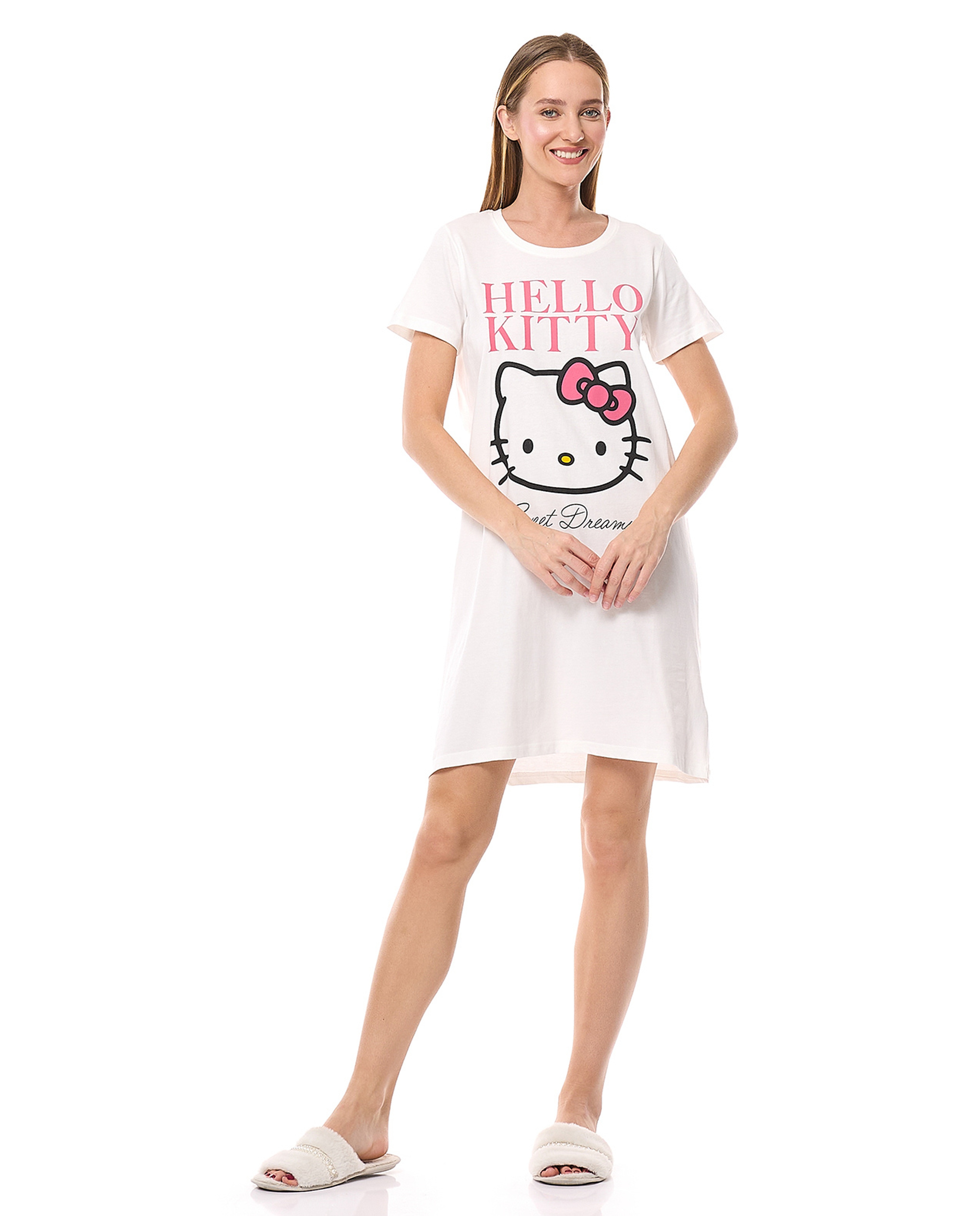 Hello Kitty Printed Nightdress with Crew Neck and Short Sleeves