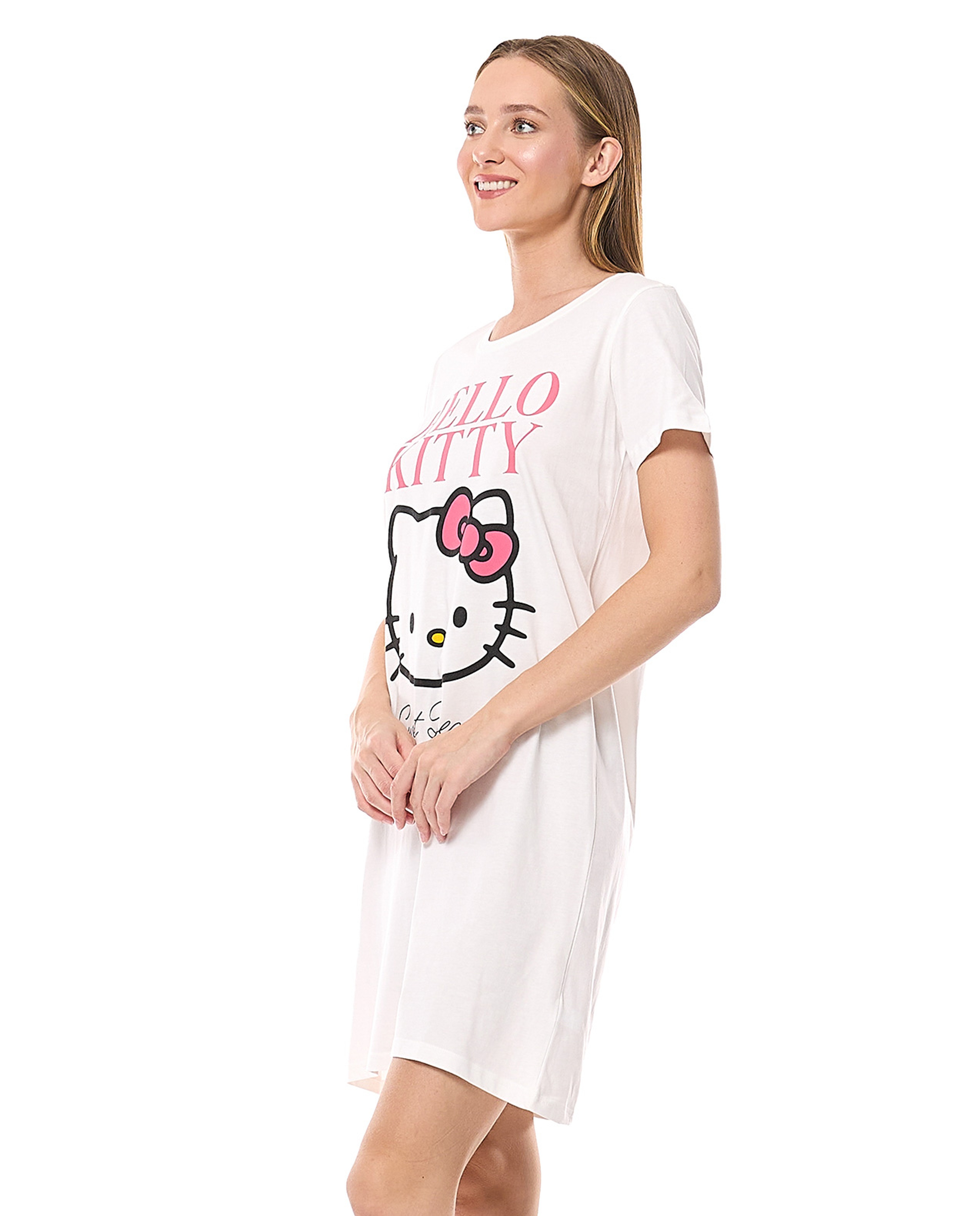 Hello Kitty Printed Nightdress with Crew Neck and Short Sleeves