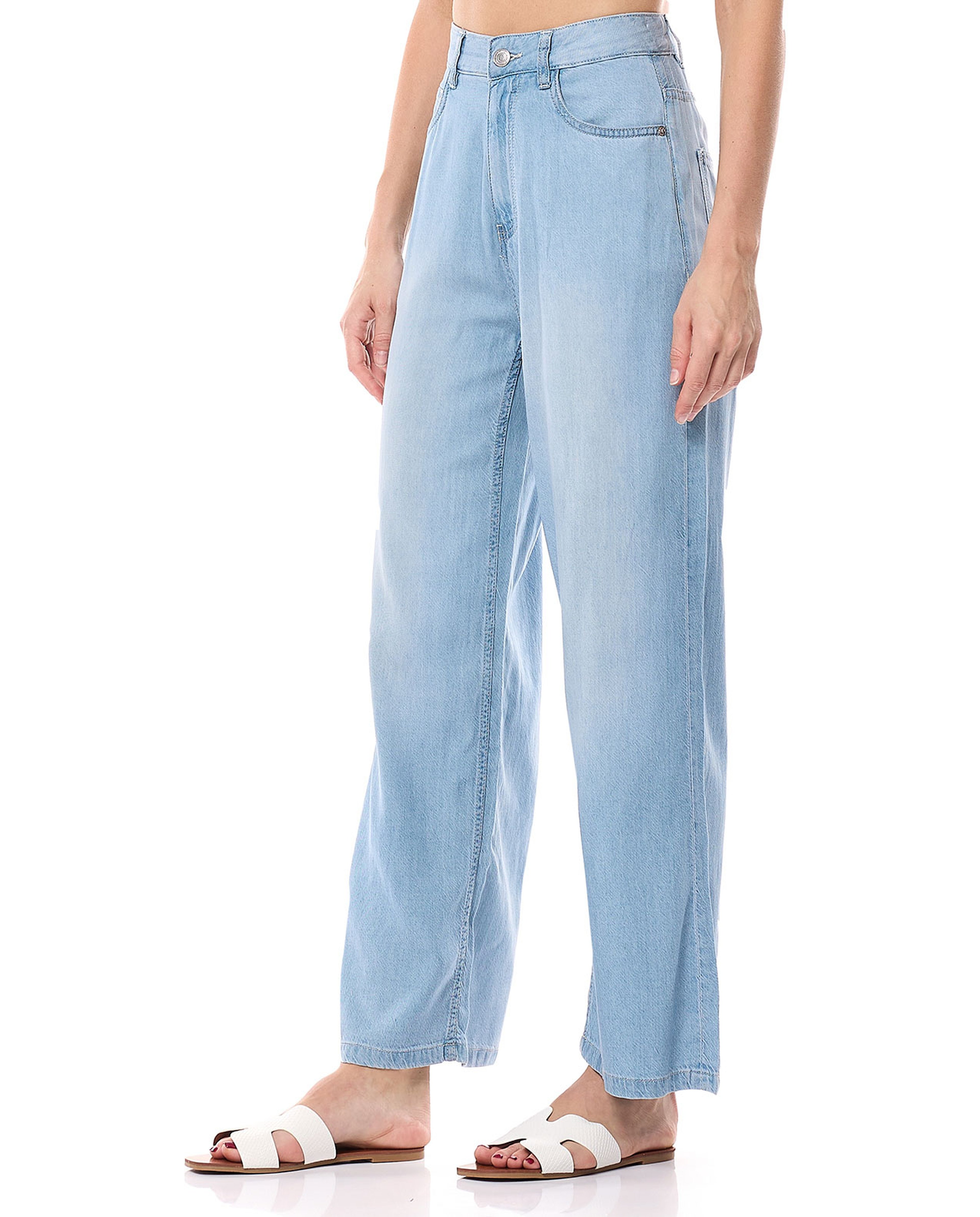 Faded Wide Leg Jeans with Button Closure