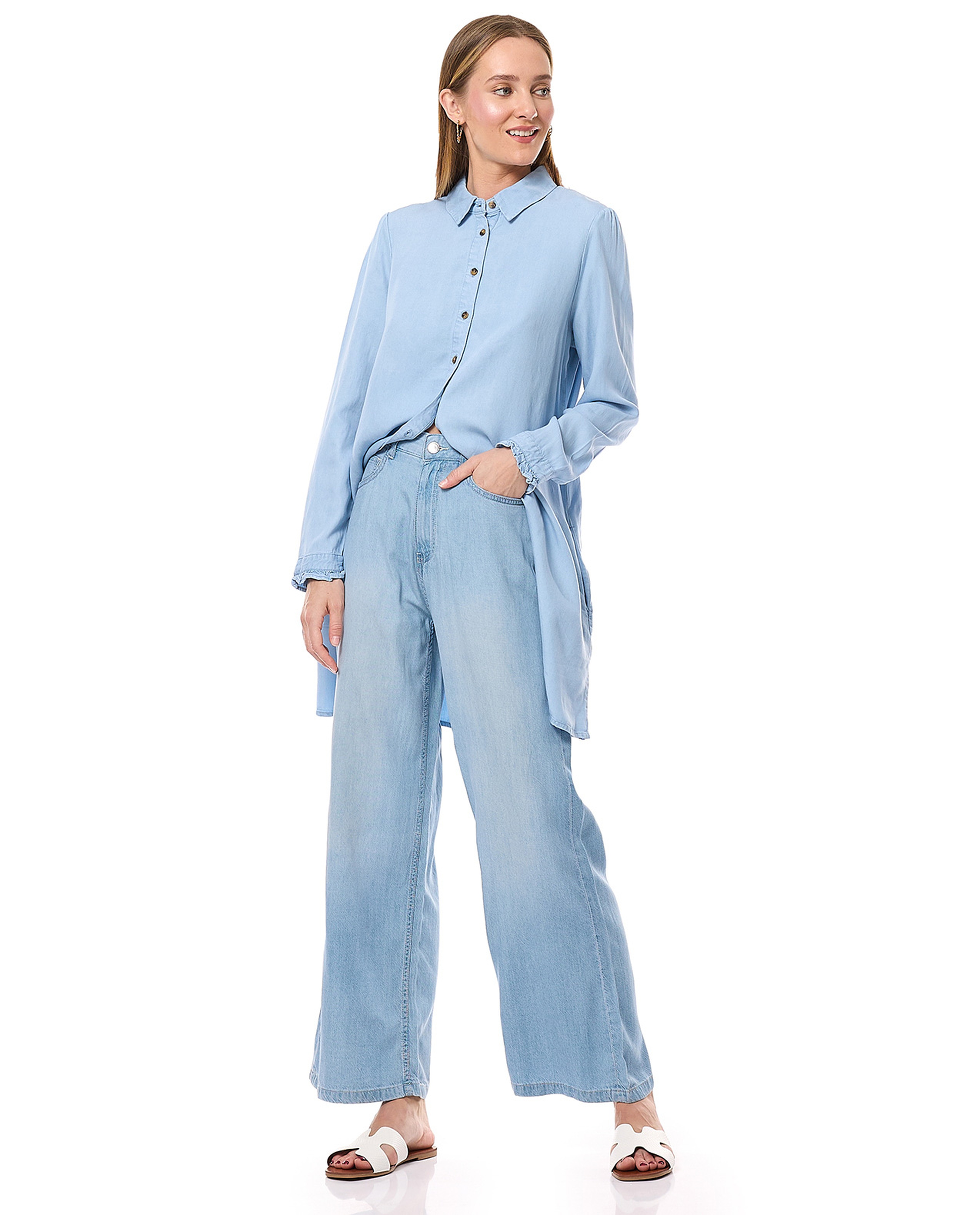 Faded Wide Leg Jeans with Button Closure