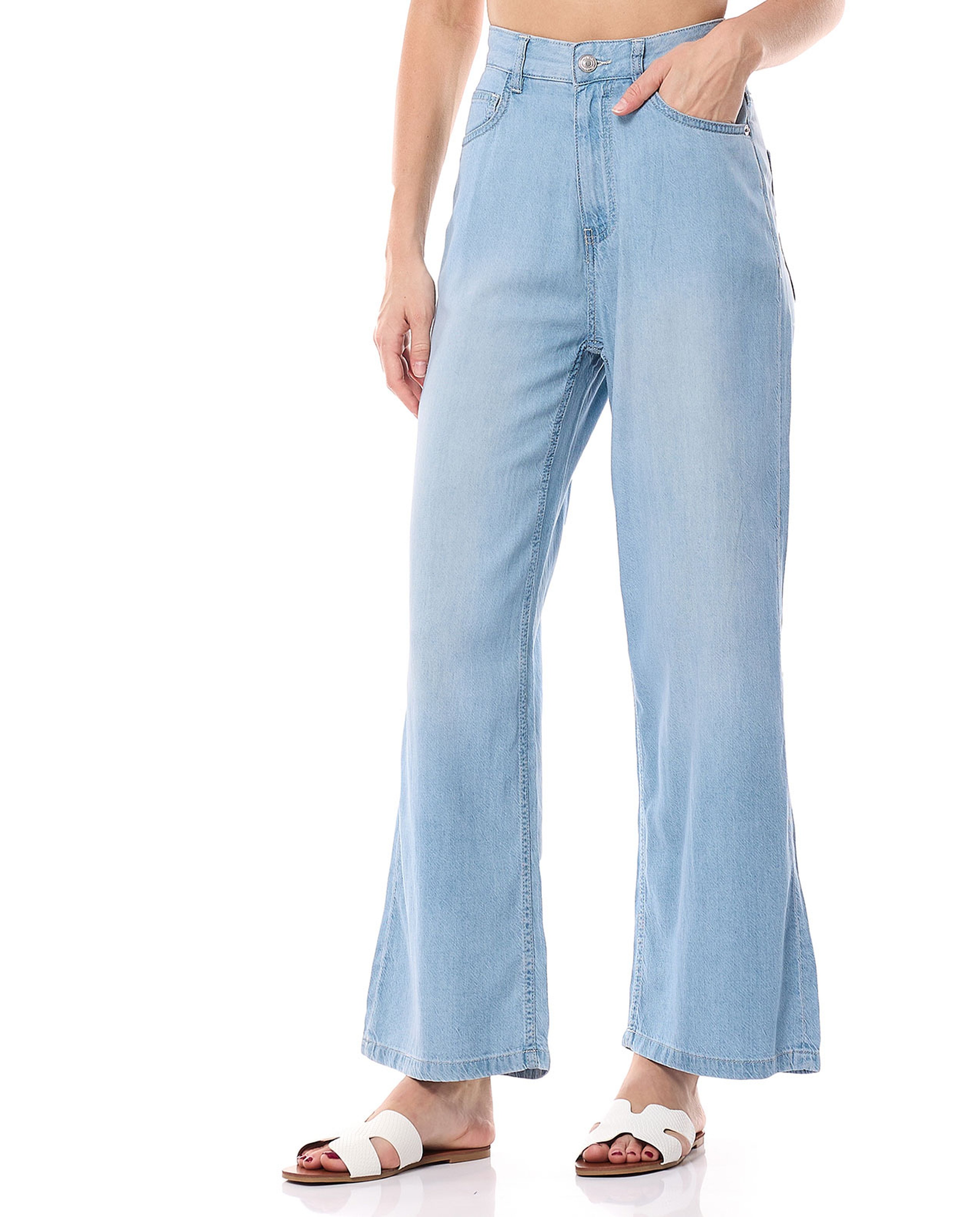 Faded Wide Leg Jeans with Button Closure