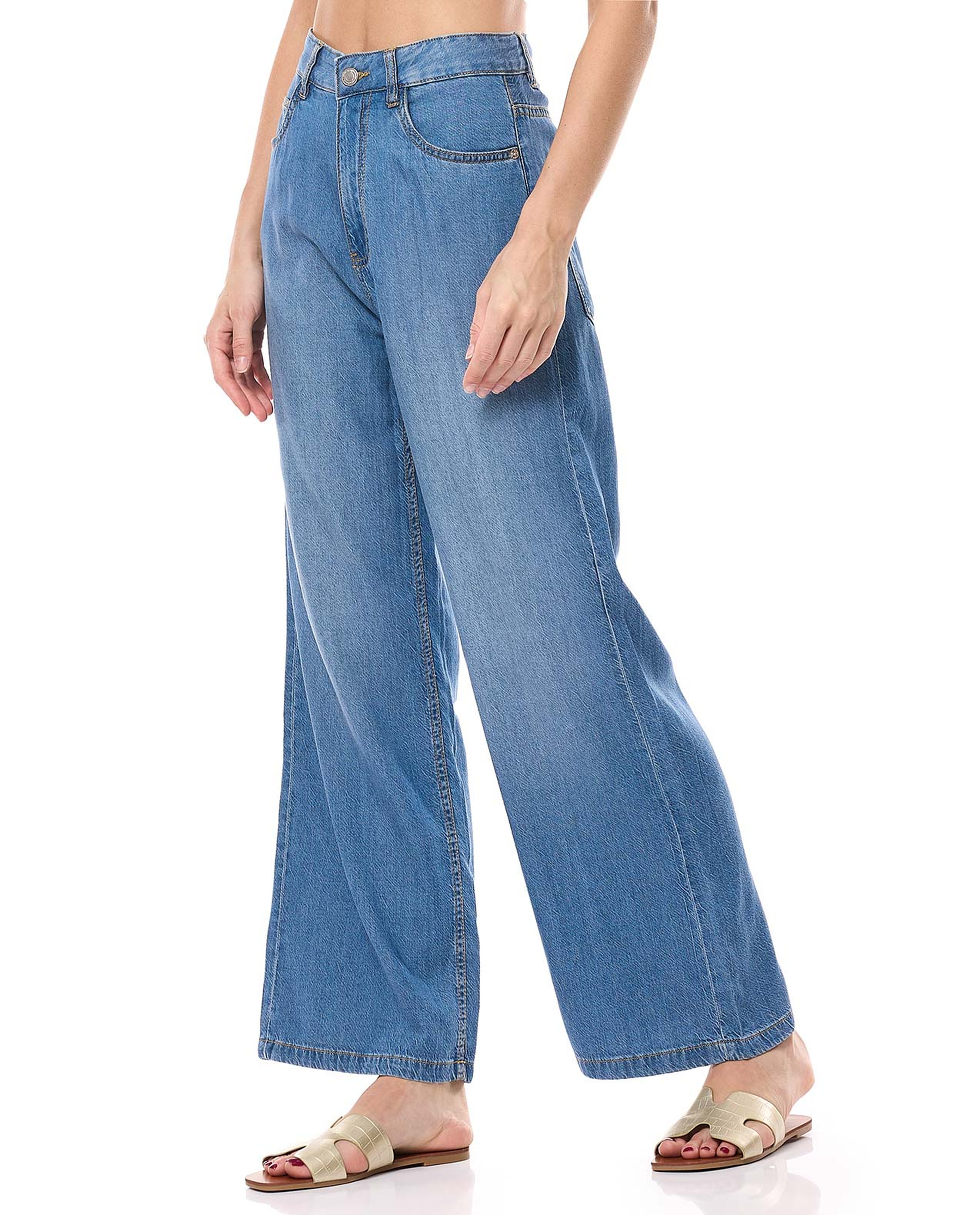 Faded Wide Leg Jeans with Button Closure