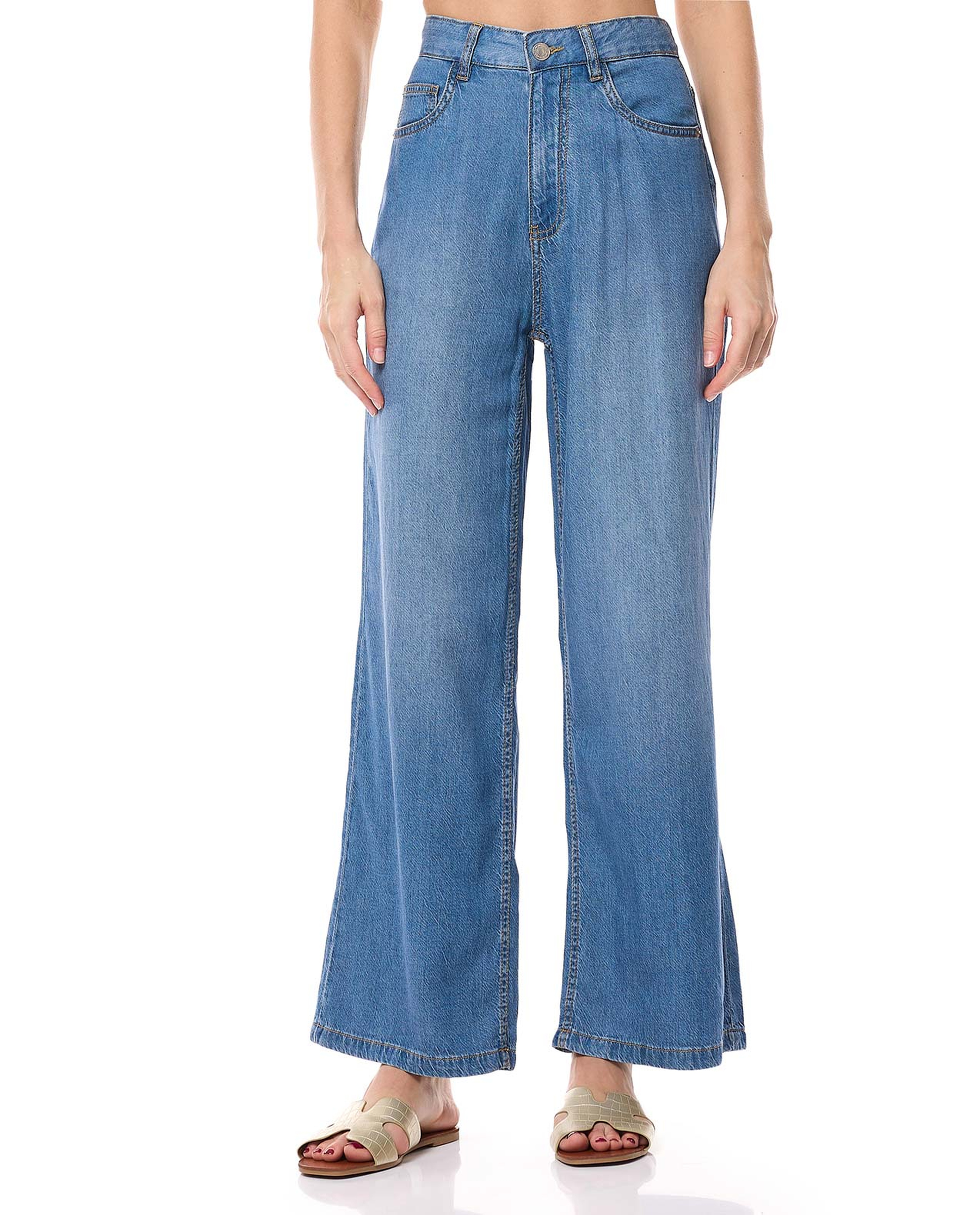 Faded Wide Leg Jeans with Button Closure