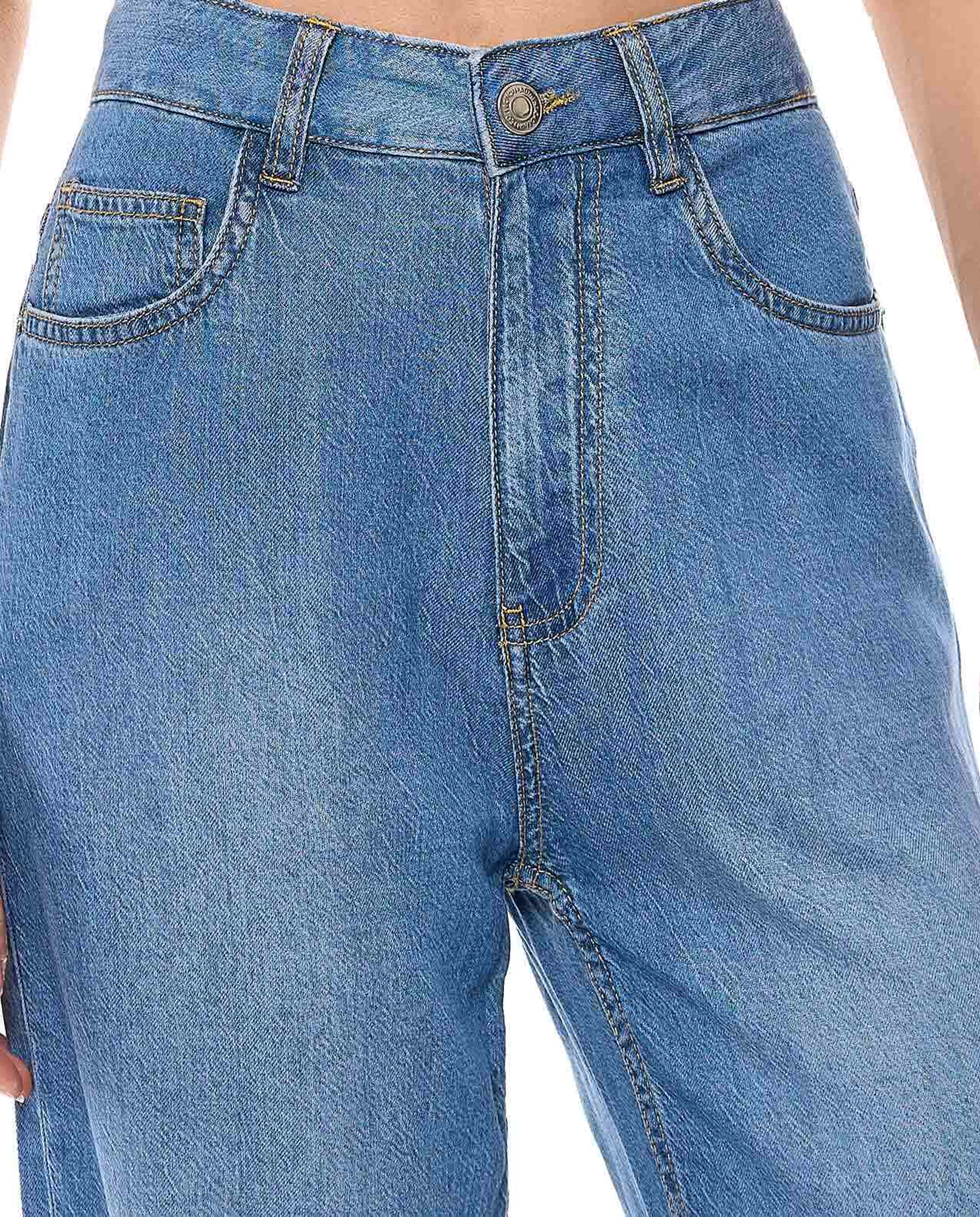 Faded Wide Leg Jeans with Button Closure