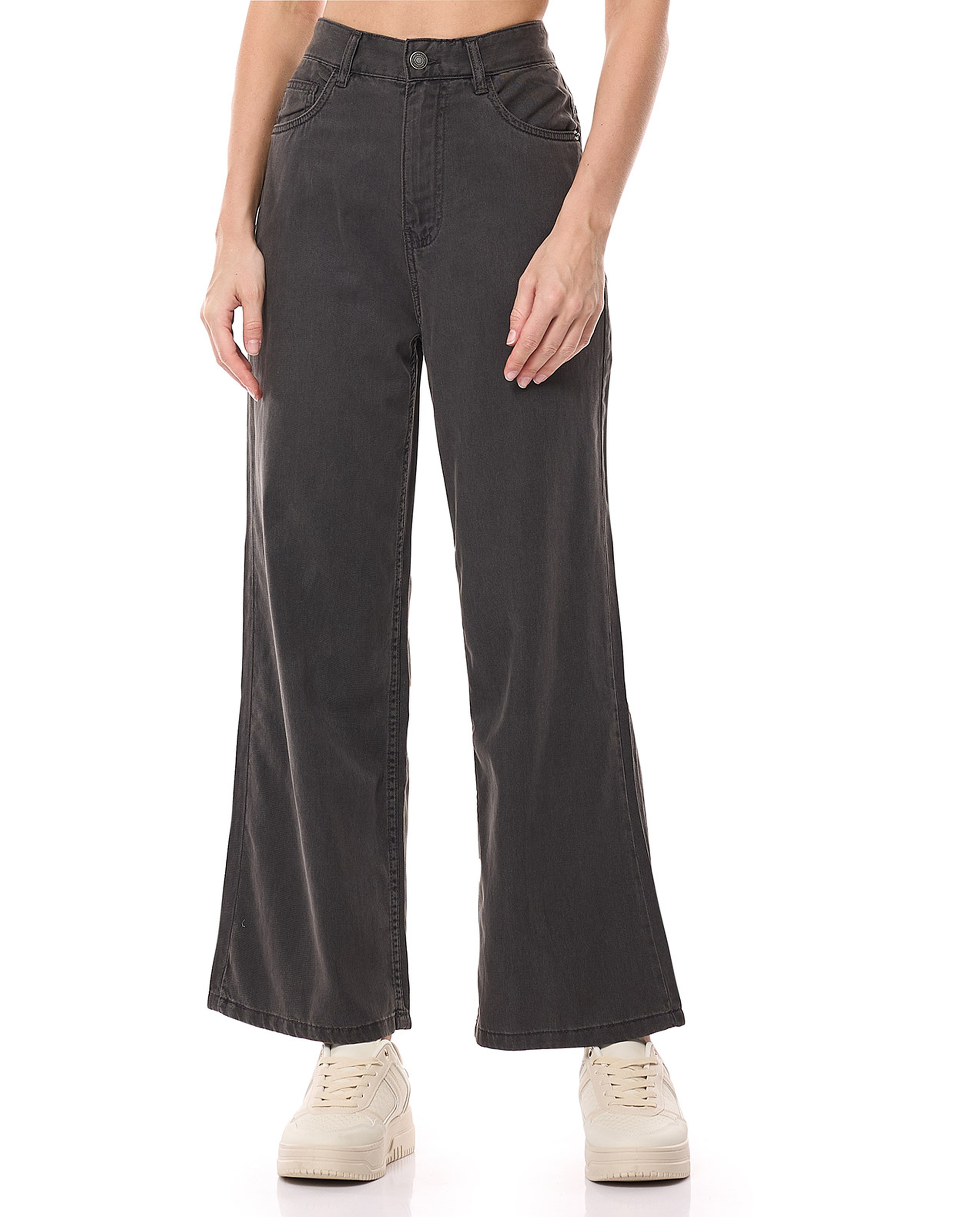 Washed Wide Leg Jeans with Button Closure
