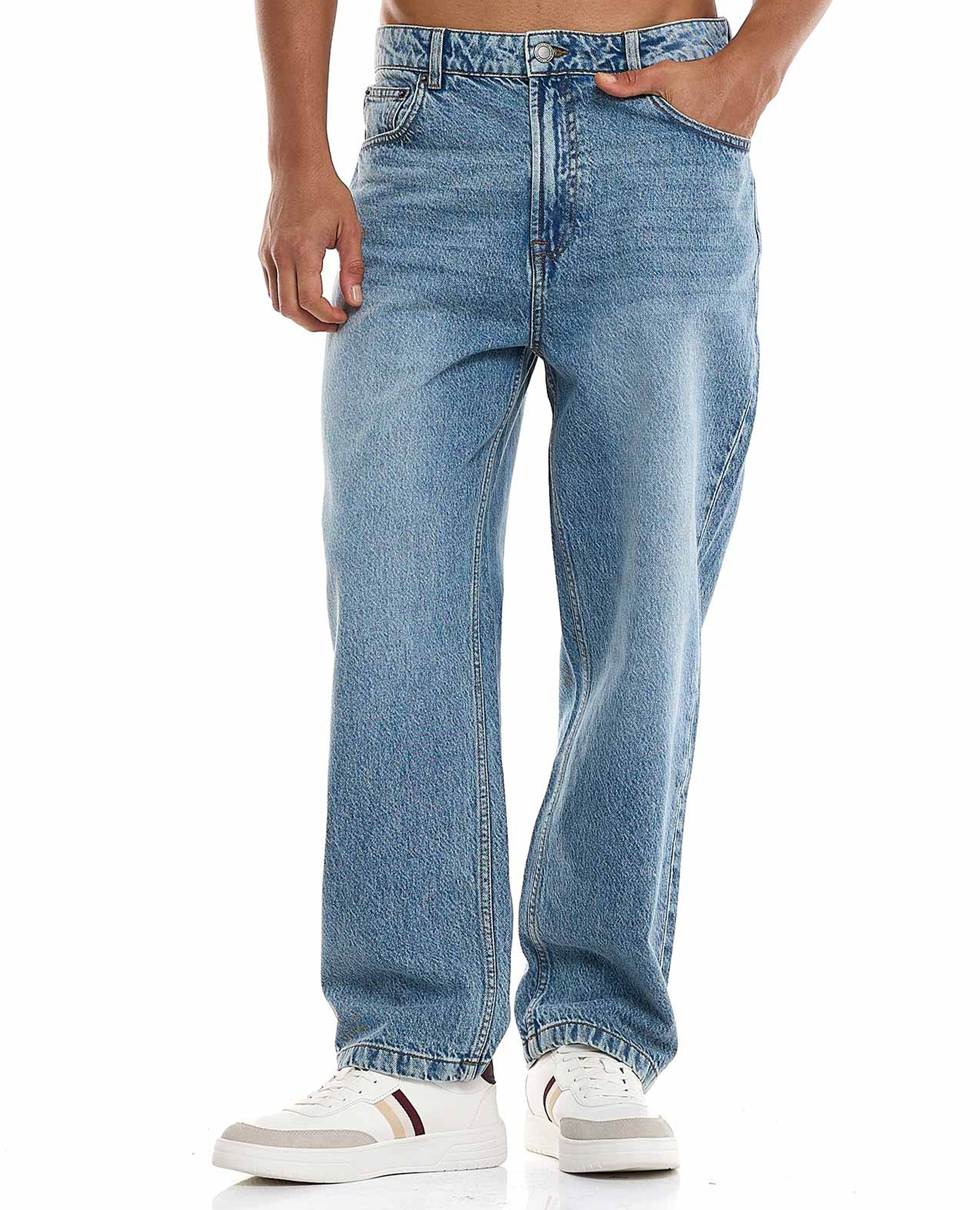 Faded Baggy Fit Jeans with Button Closure